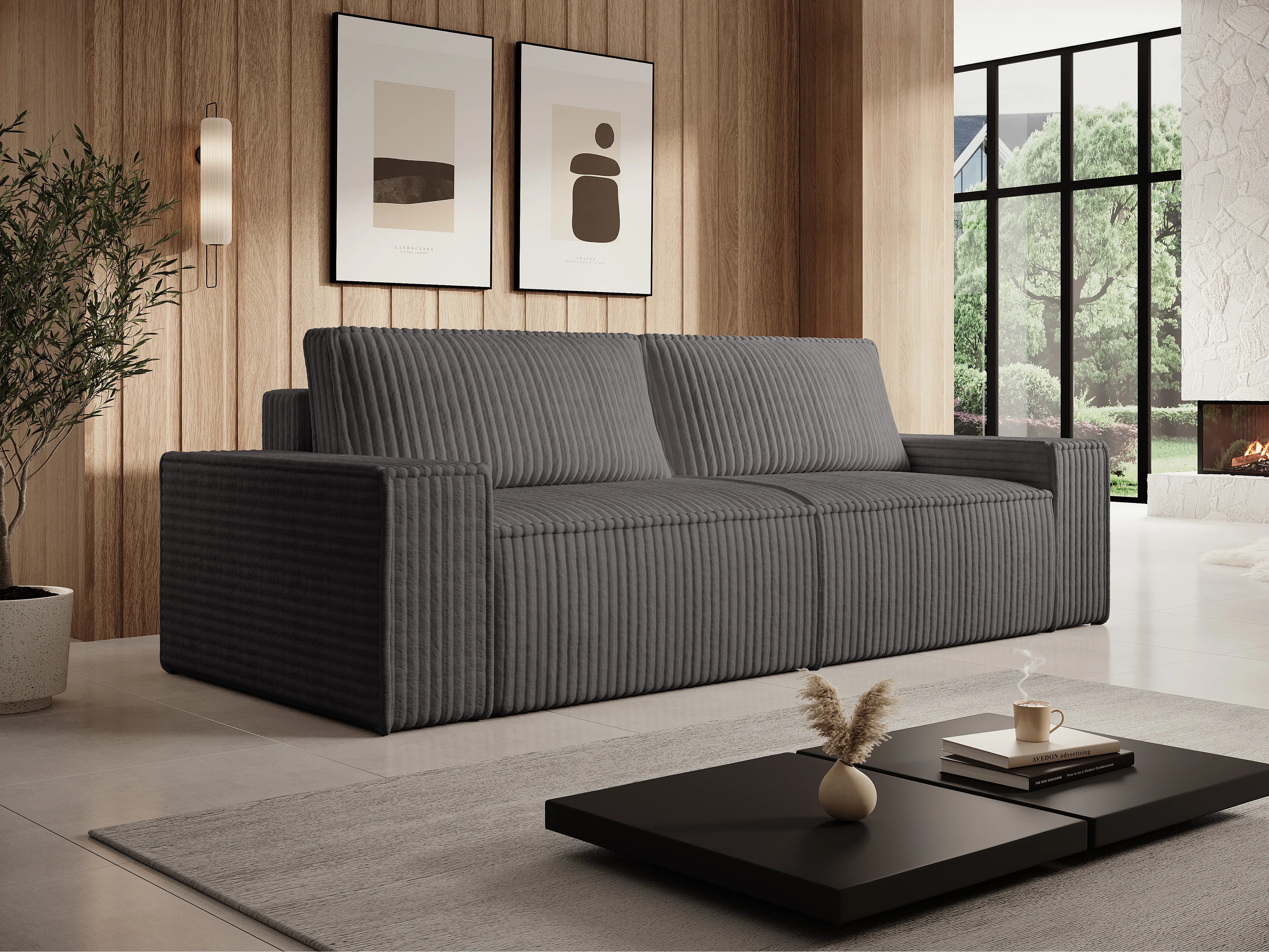 Canapé velours côtelé convertible 4 places gris anthracite - AMELIA