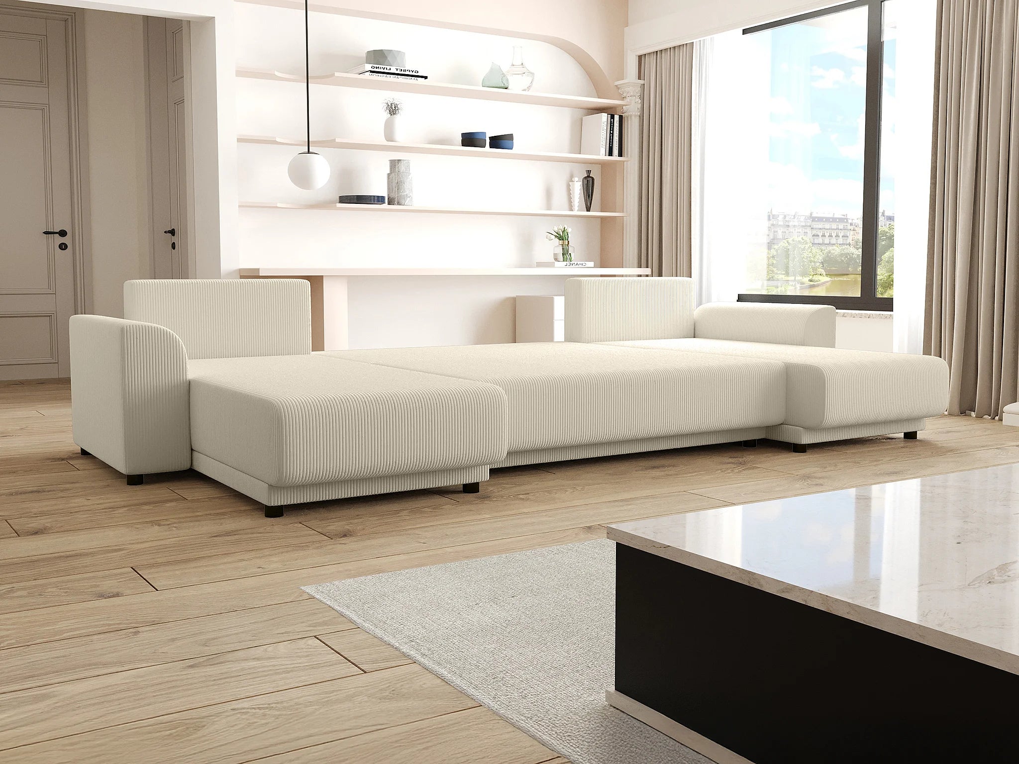 Canapé velours côtelé d'angle panoramique convertible beige - NESSARO