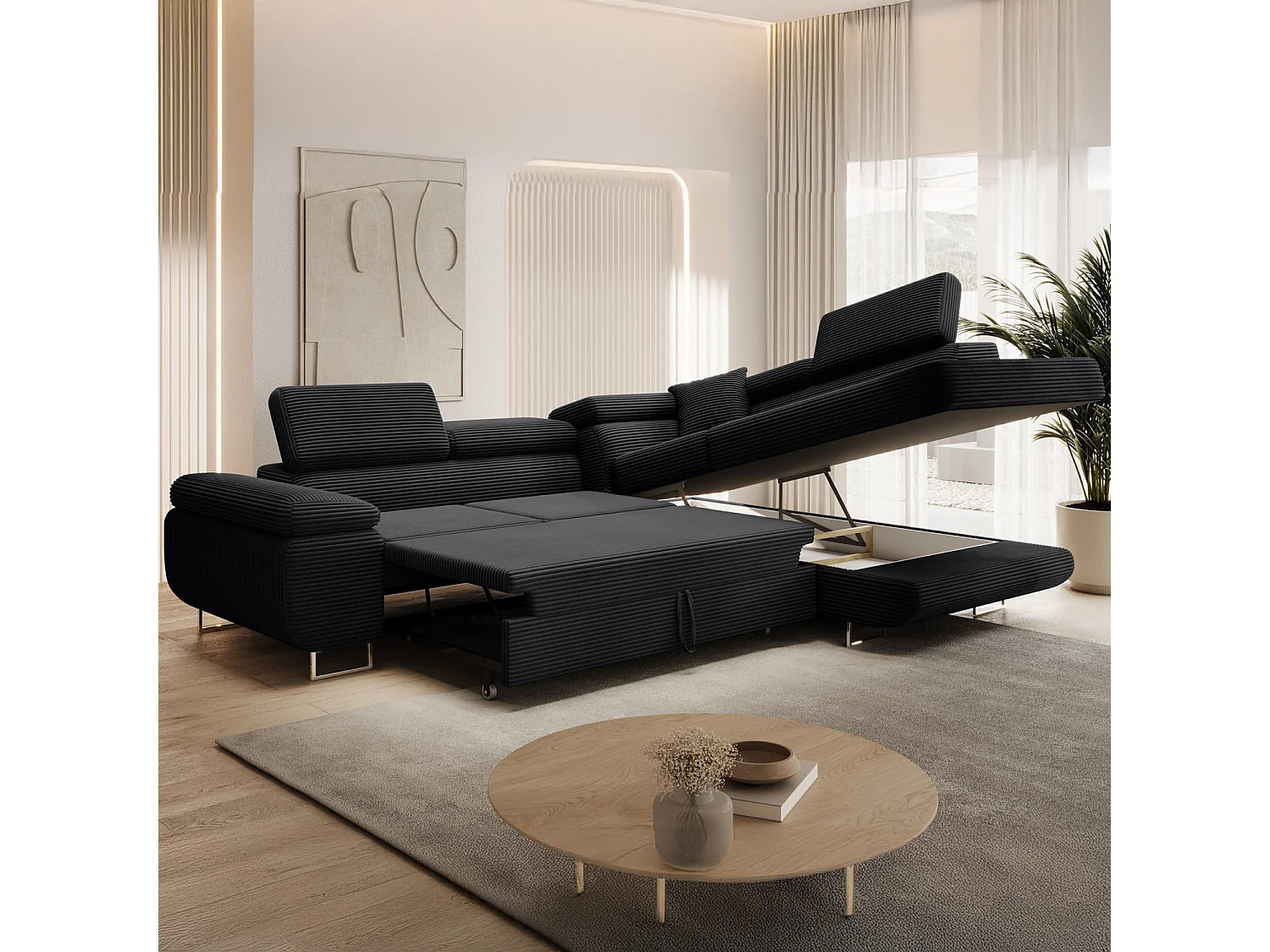 Canapé velours côtelé d'angle droit convertible noir - MARIUS