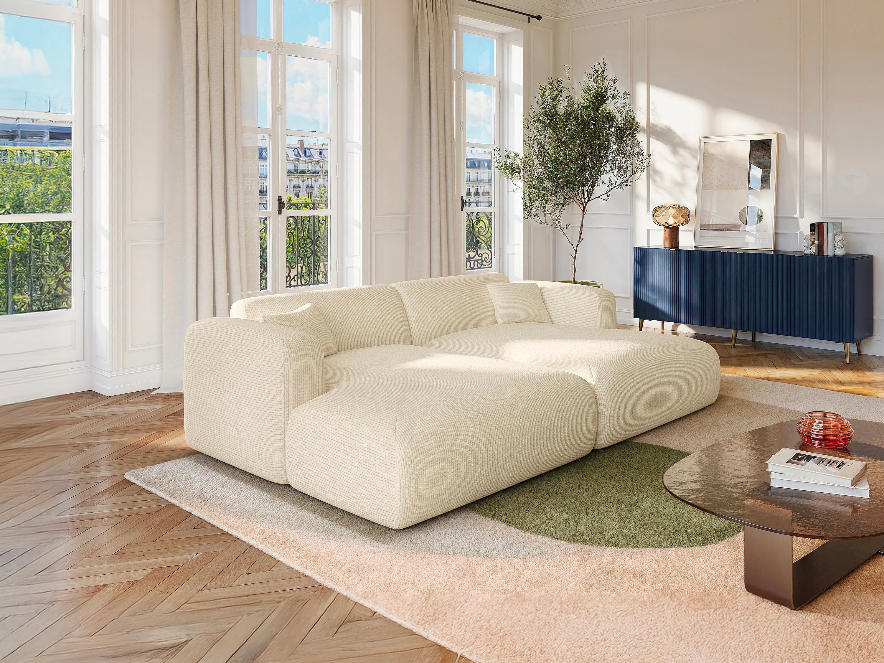 Canapé velours côtelé 3 places assise profonde blanc cassé - POGNI