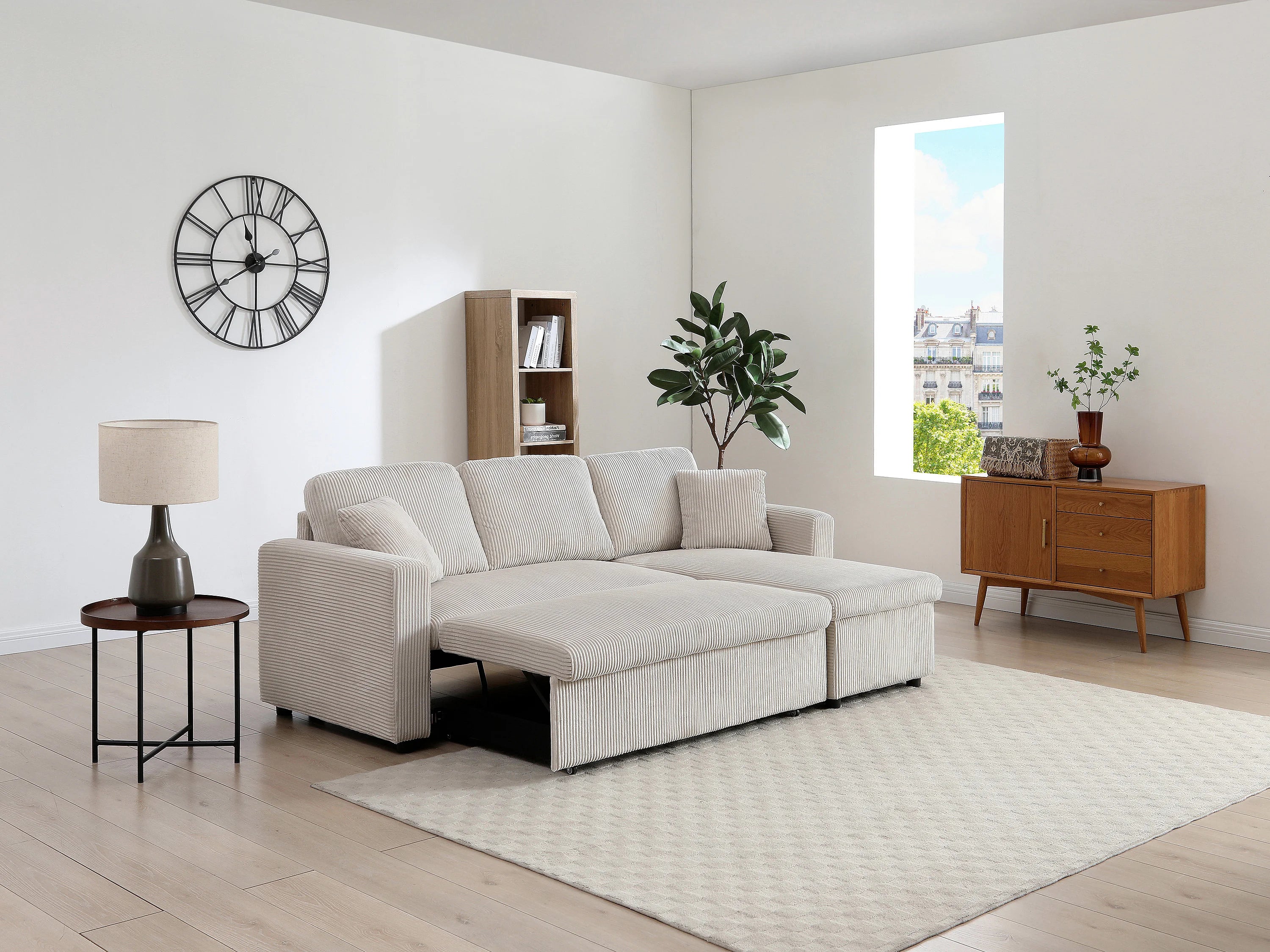 Canapé velours côtelé d'angle convertible réversible beige - GAZUR