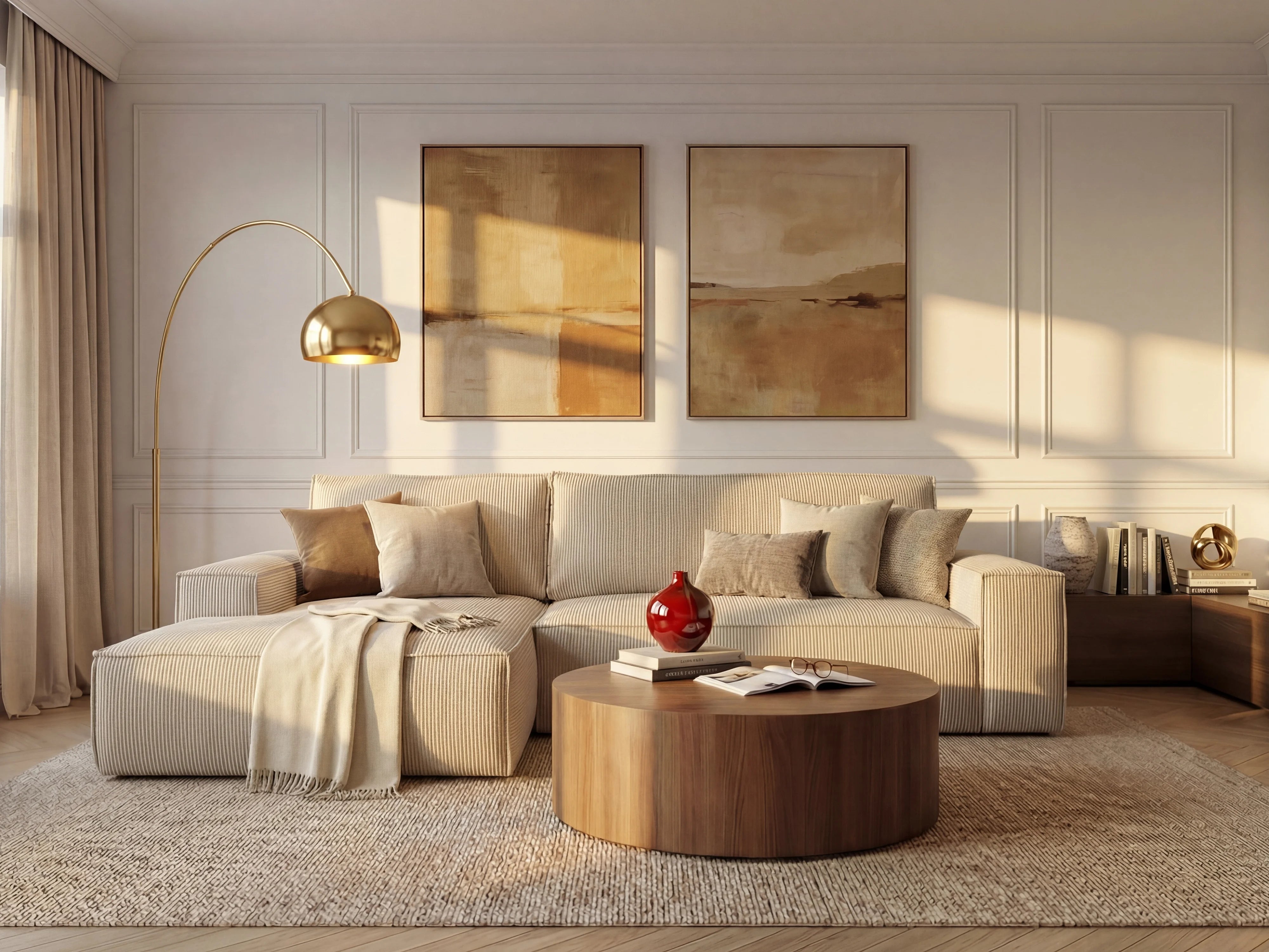 Canapé velours côtelé d'angle gauche convertible 4 places beige - AMELIA