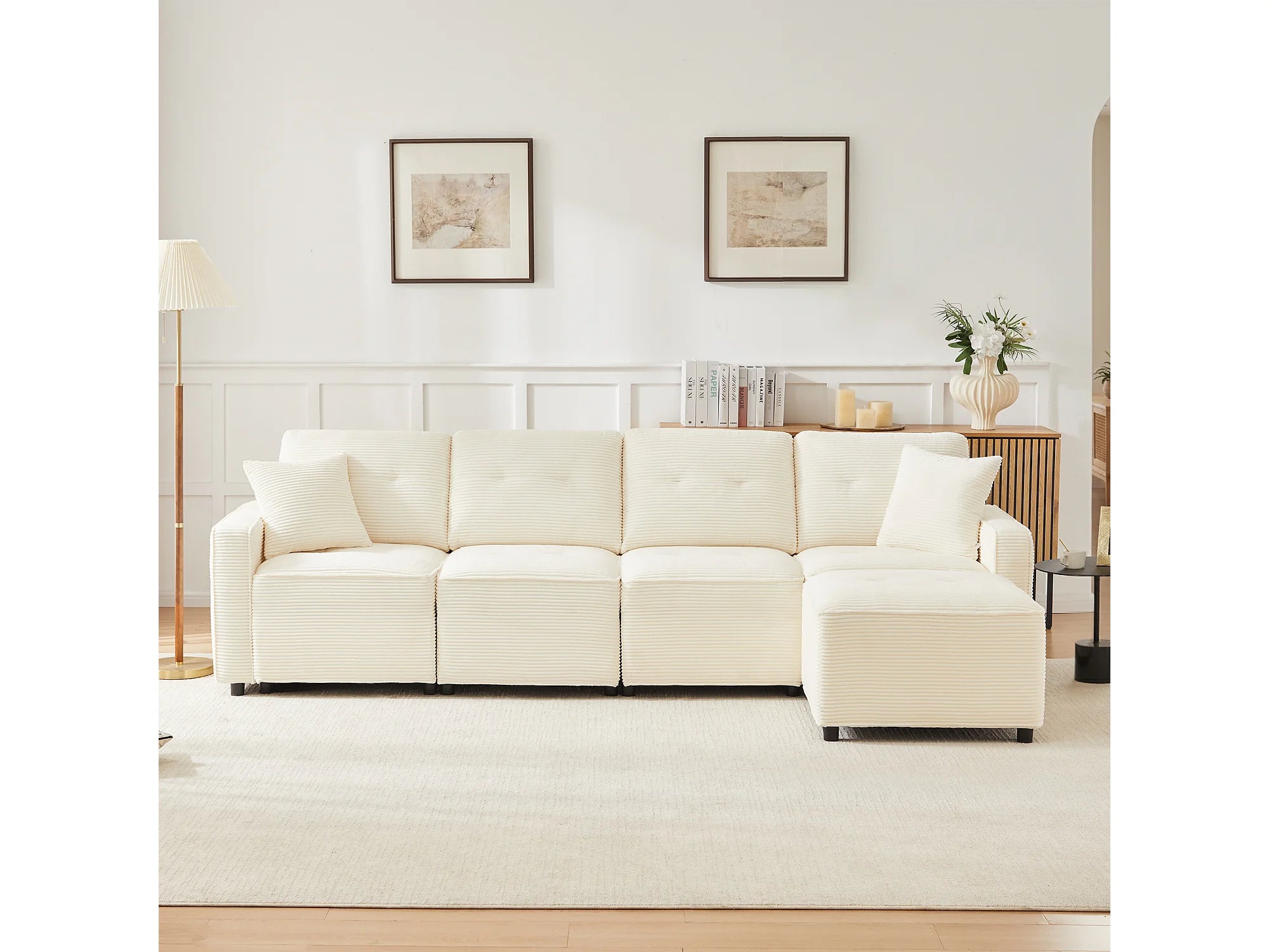 Canapé velours côtelé d'angle 4 places beige 280 cm