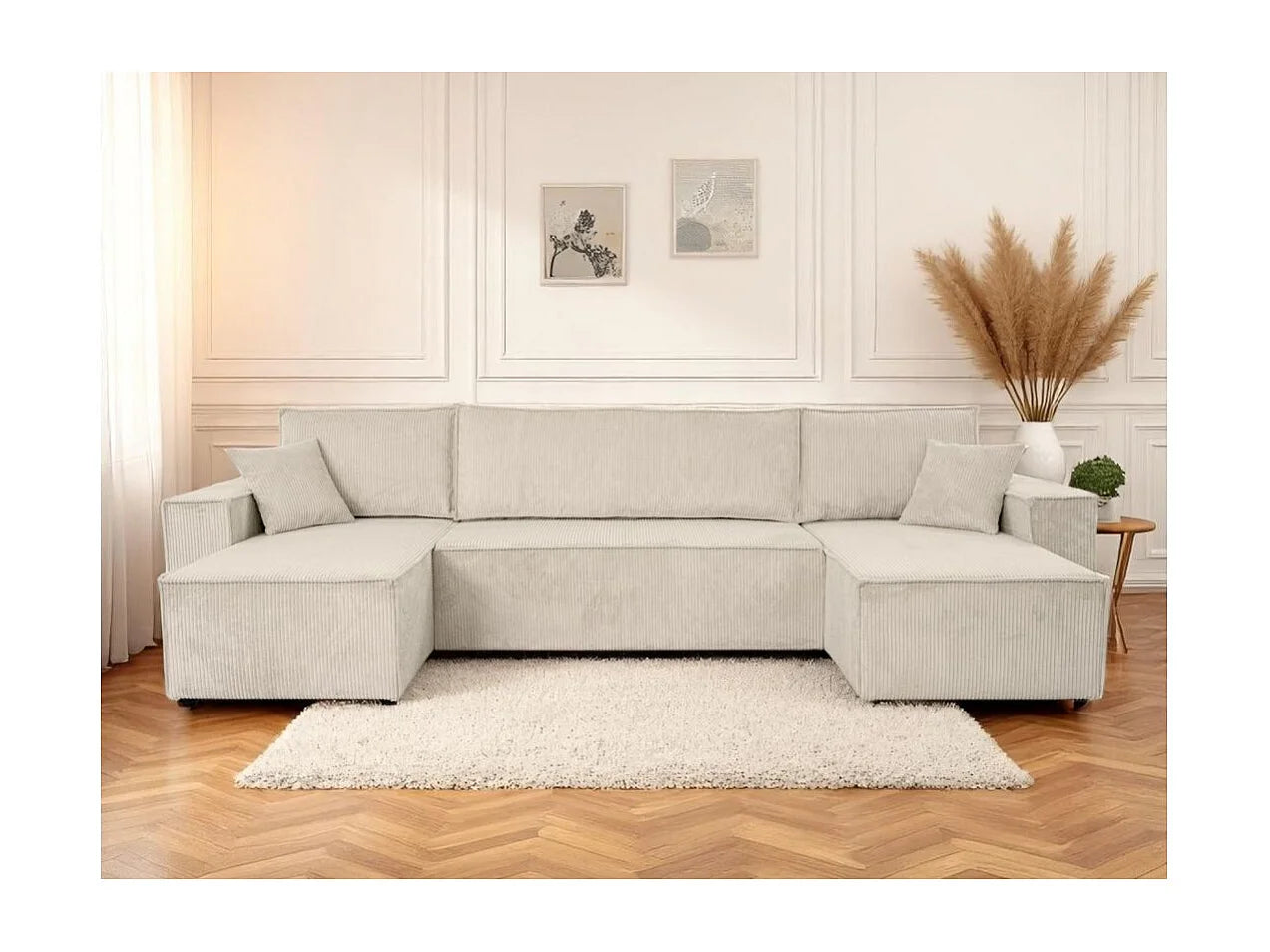 Canapé velours côtelé d'angle panoramique convertible beige - FARAH