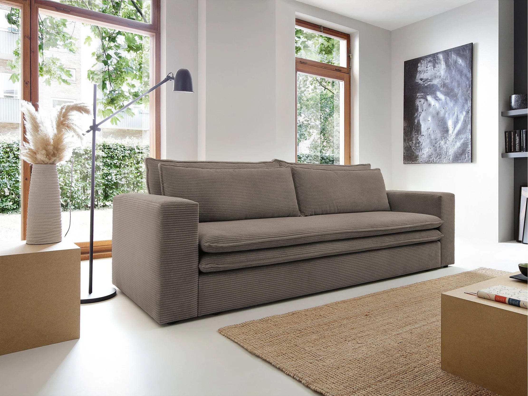 Canapé velours côtelé convertible 3 places taupe - TILIA