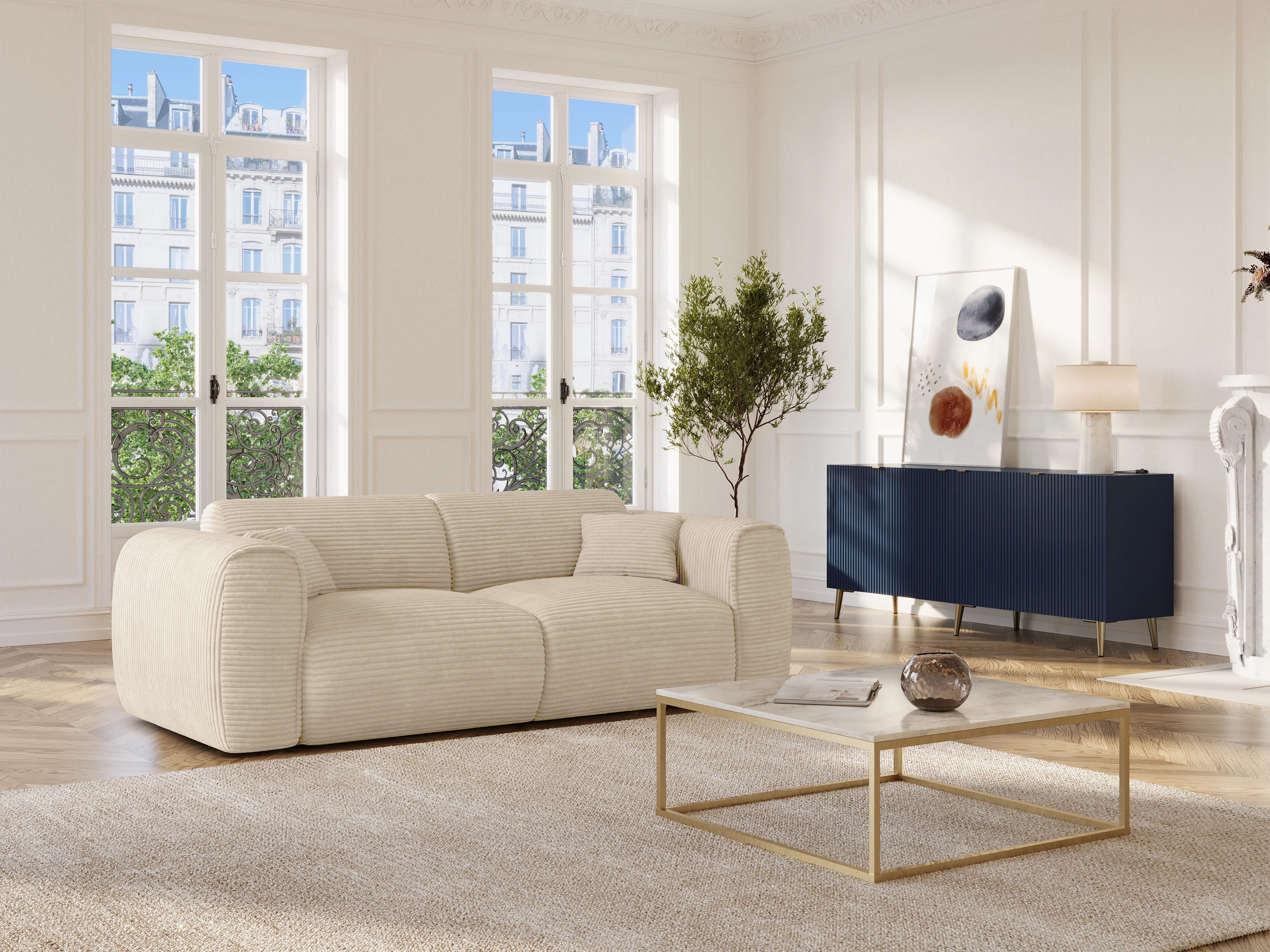 Canapé velours côtelé droit 3 places convertible beige - POGNIA