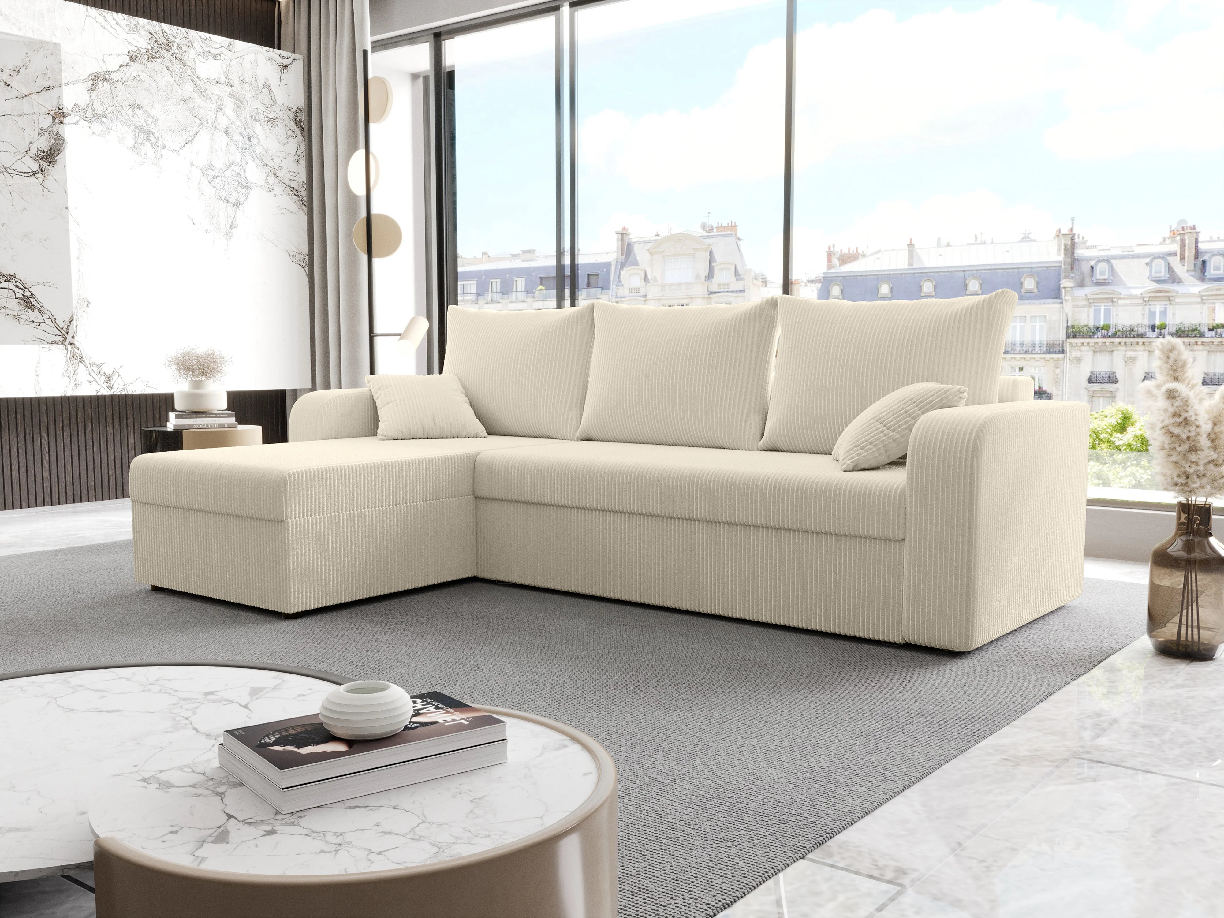 Canapé velours côtelé d'angle convertible réversible beige - ONABIA