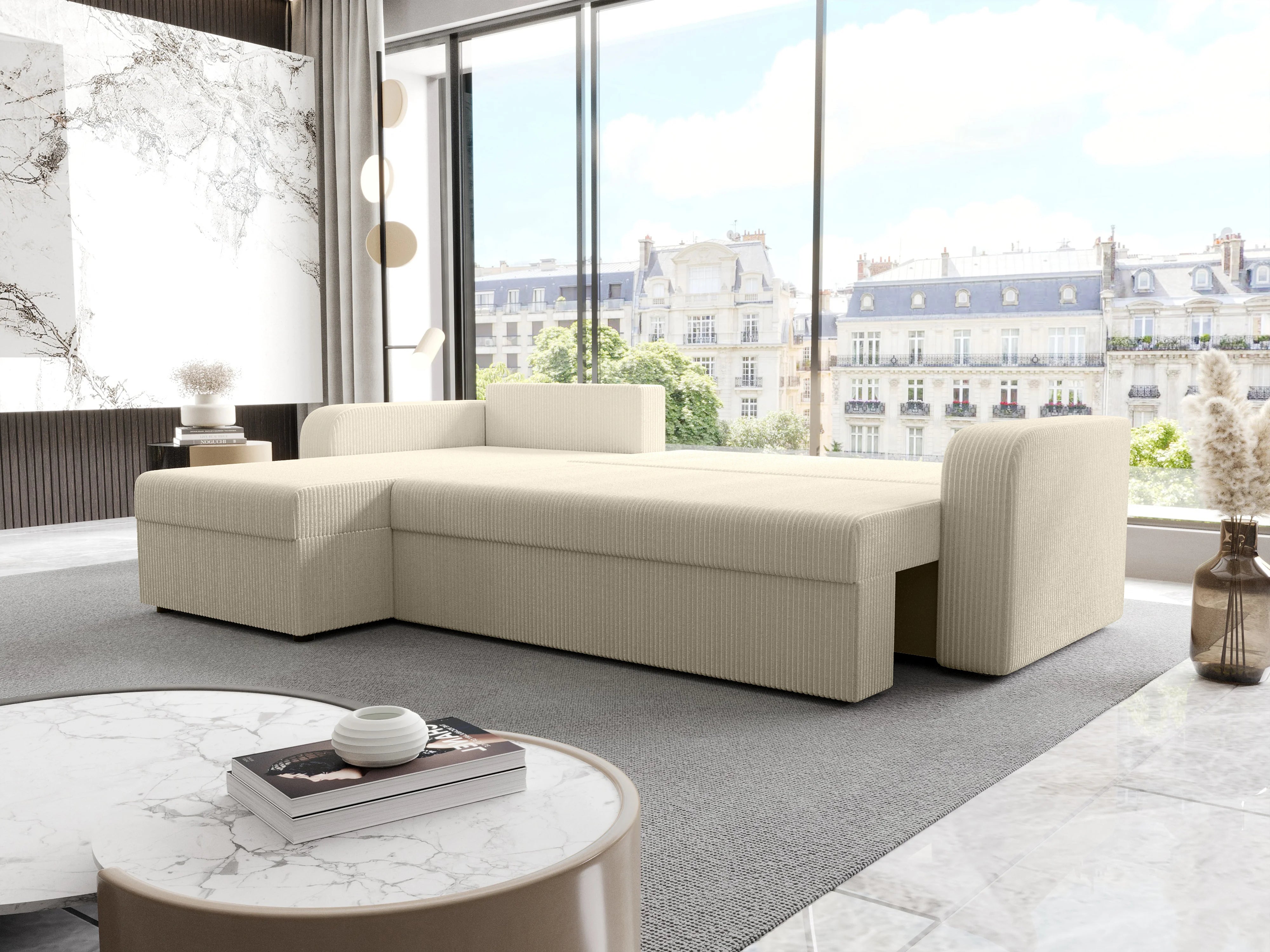 Canapé velours côtelé d'angle convertible réversible beige - ONABIA