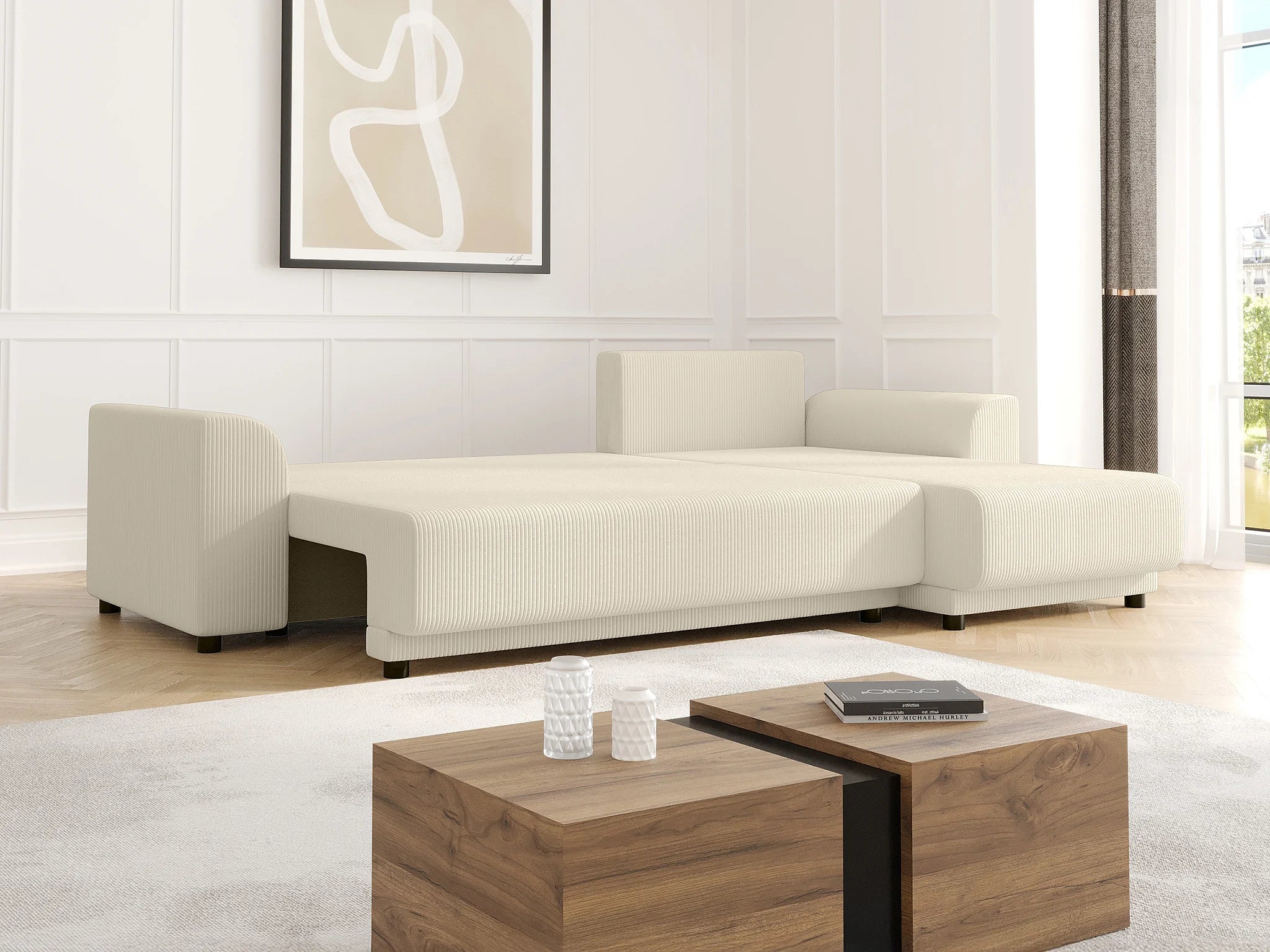 Canapé velours côtelé d'angle convertible réversible beige - NESSARO
