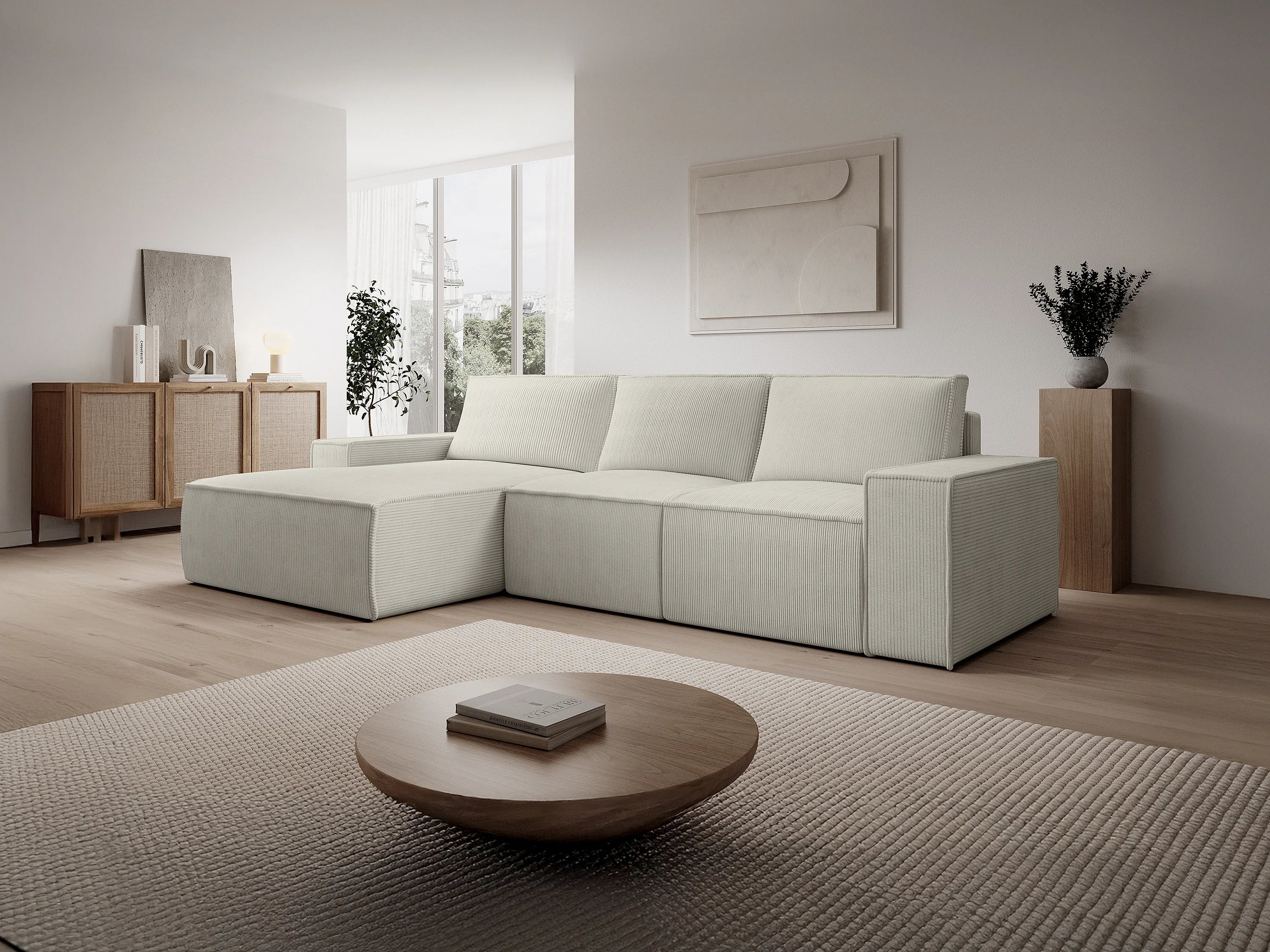 Canapé velours côtelé d'angle gauche convertible beige - AMELIA