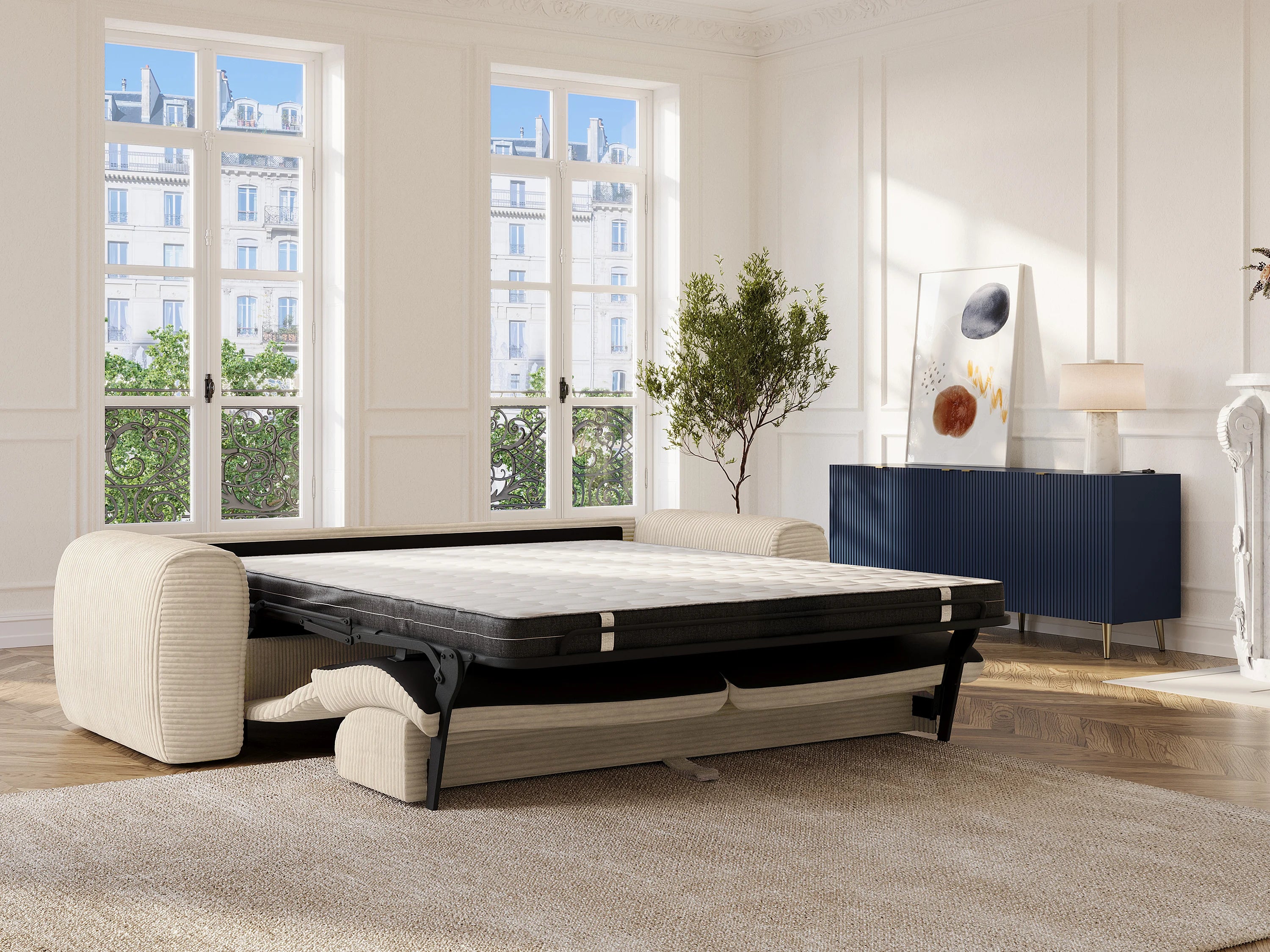 Canapé velours côtelé droit 4 places convertible beige - POGNIA