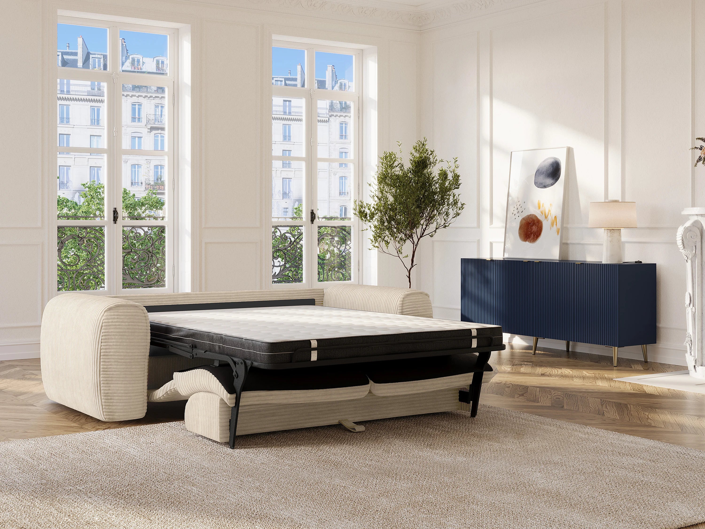 Canapé velours côtelé droit 3 places convertible beige - POGNIA