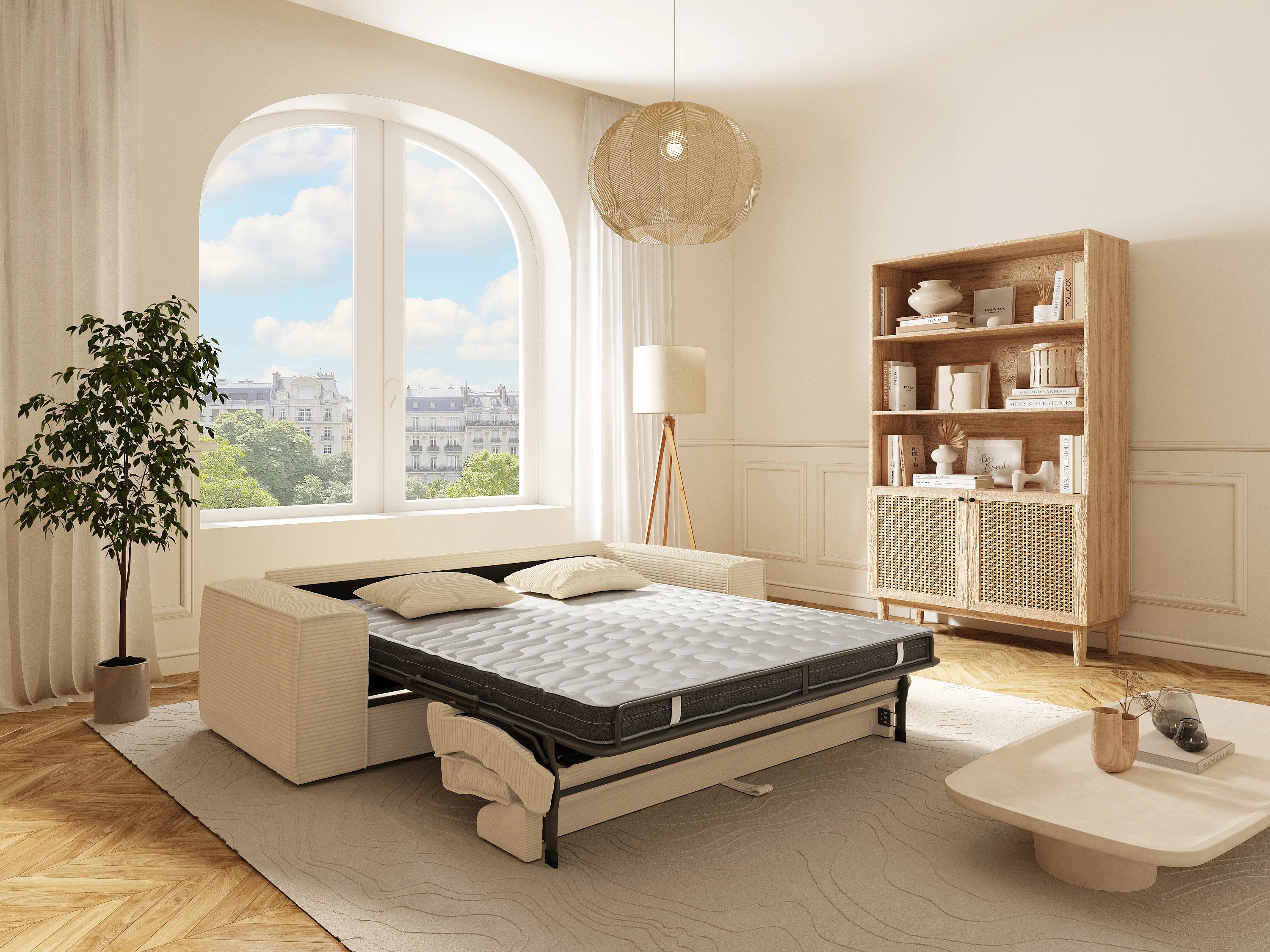 Canapé velours côtelé droit 3 places convertible beige - AMELIA