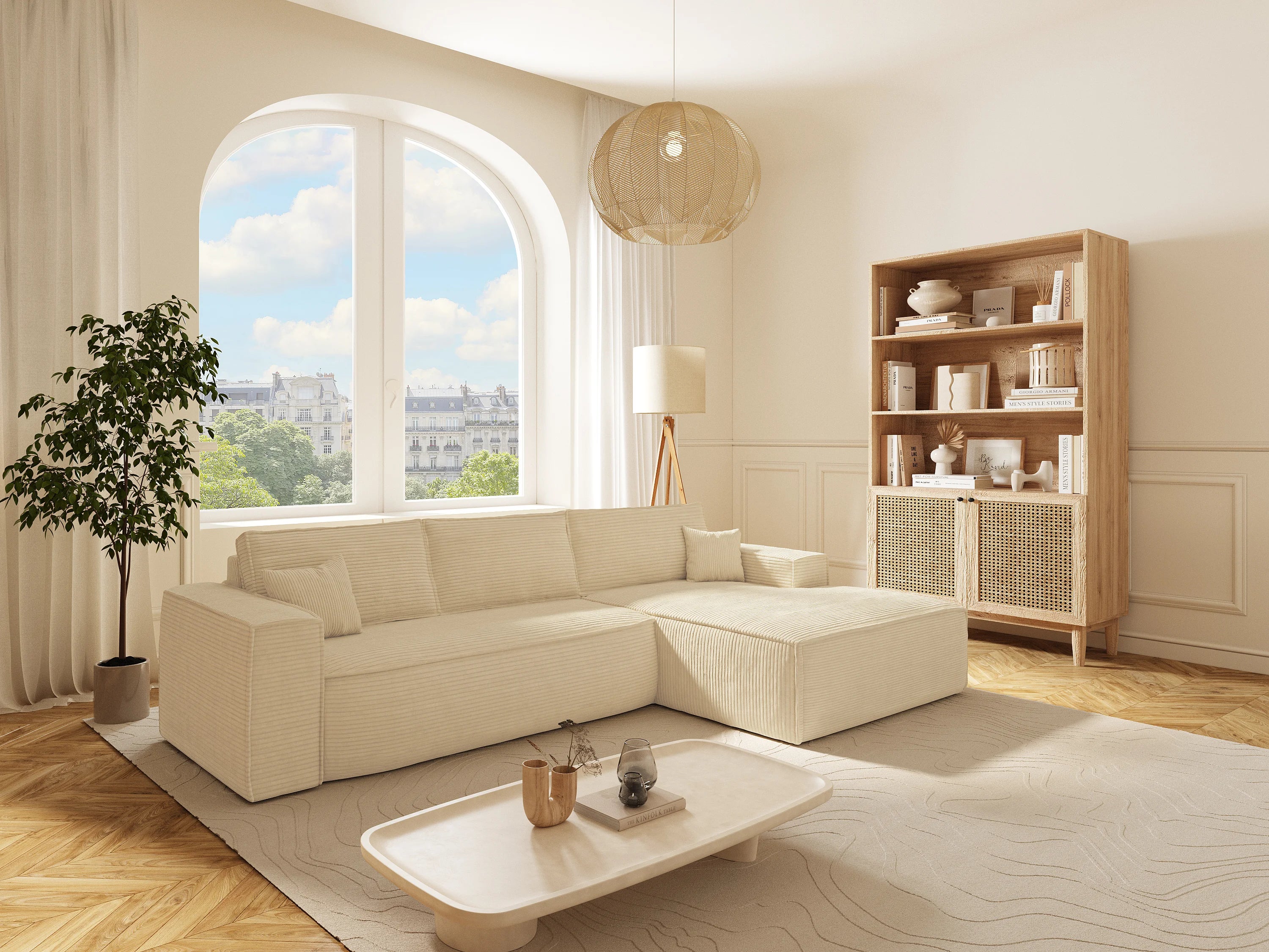 Canapé velours côtelé d'angle droit convertible express beige - AMELIA