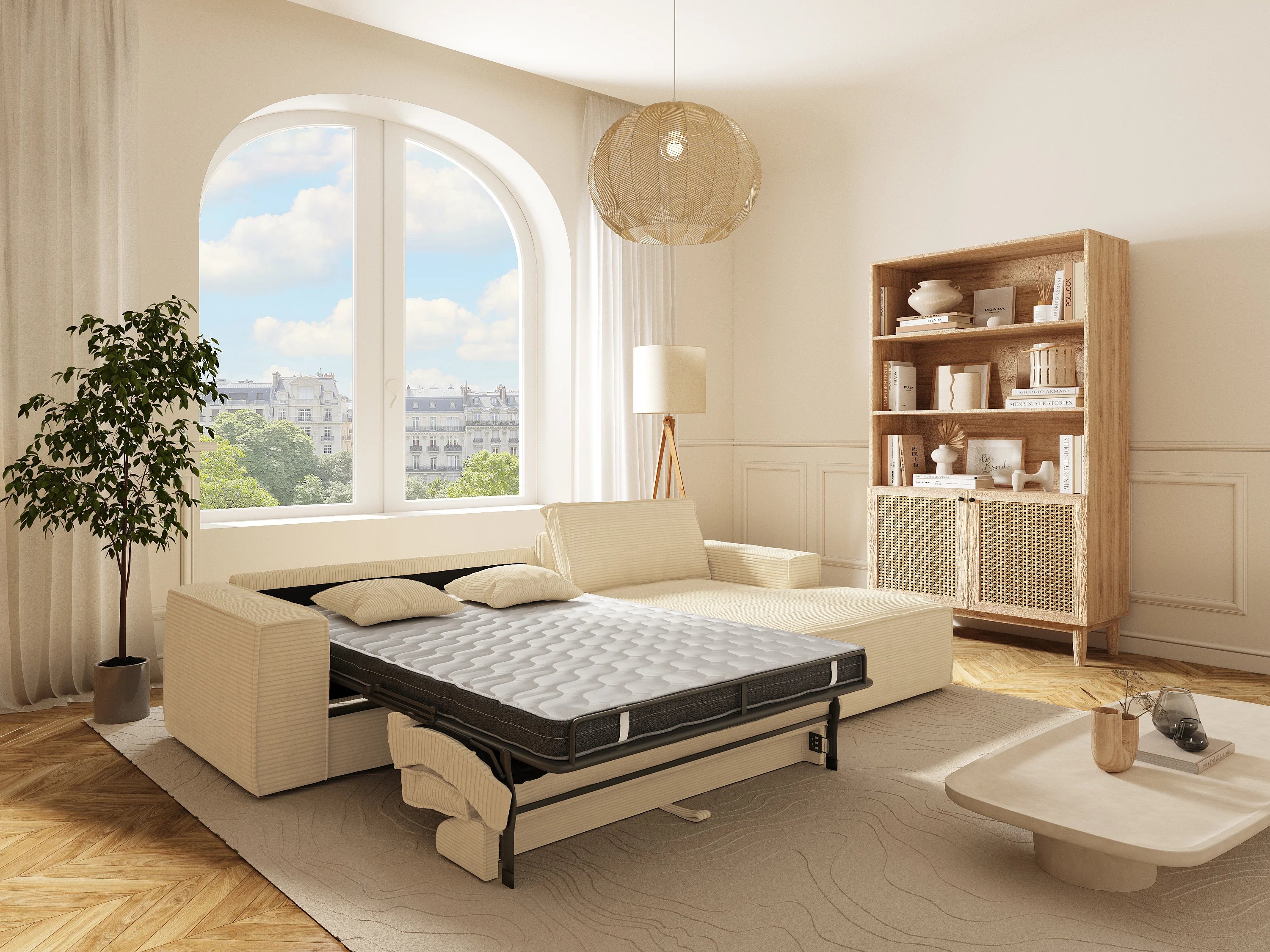 Canapé velours côtelé d'angle droit convertible express beige - AMELIA