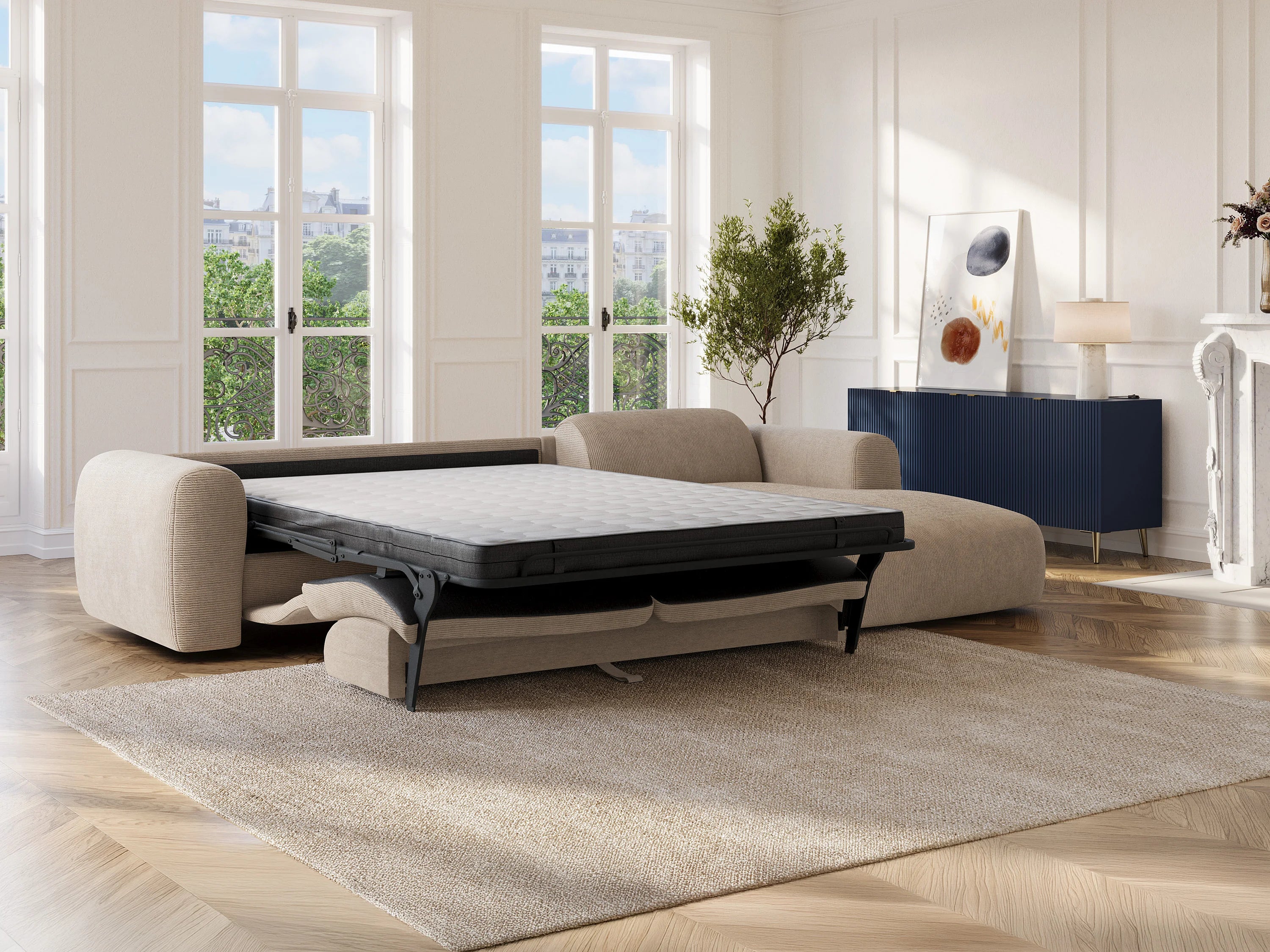 Canapé velours côtelé d'angle droit convertible express beige - POGNI