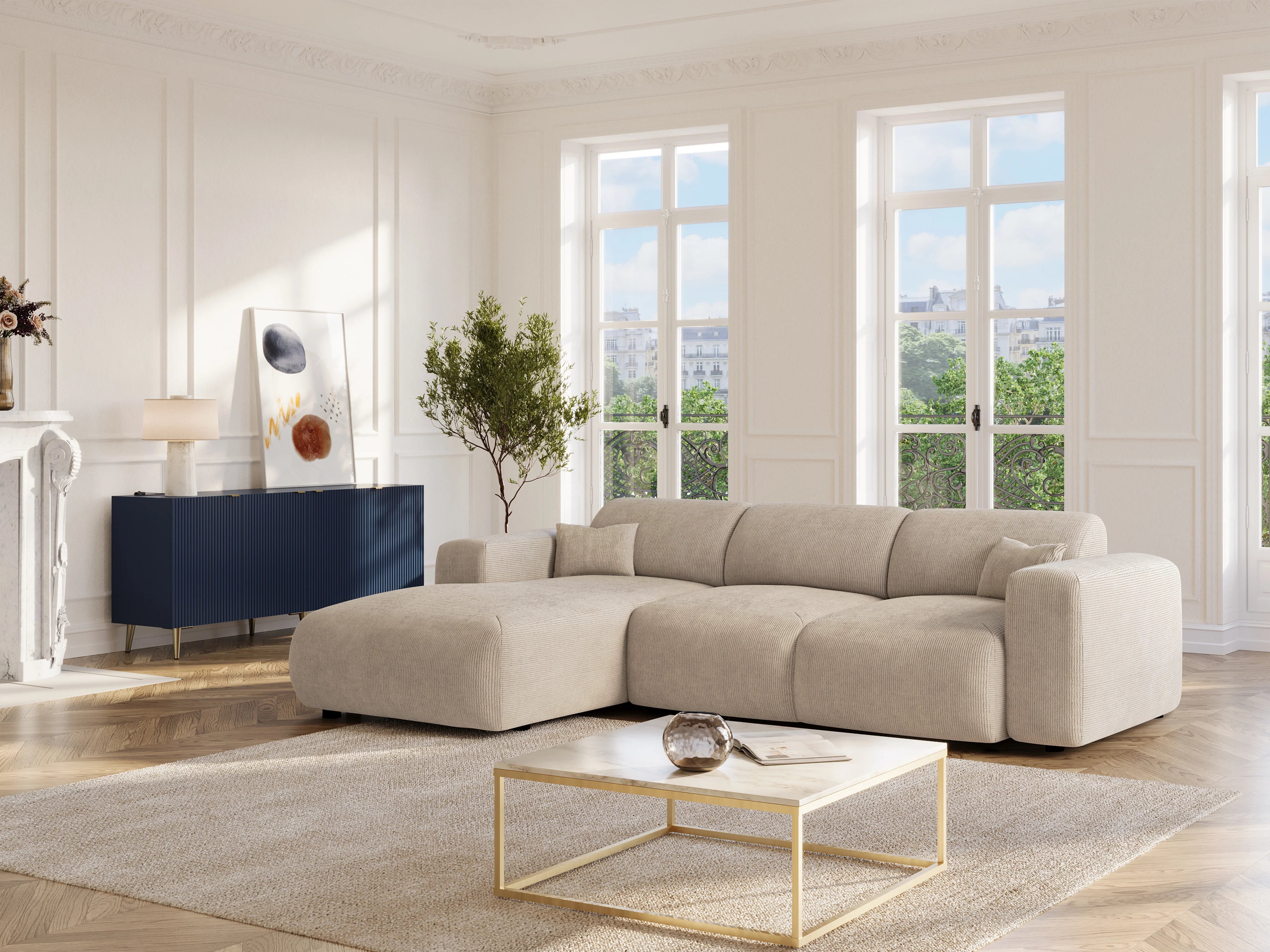 Canapé velours côtelé d'angle convertible beige - POGNI