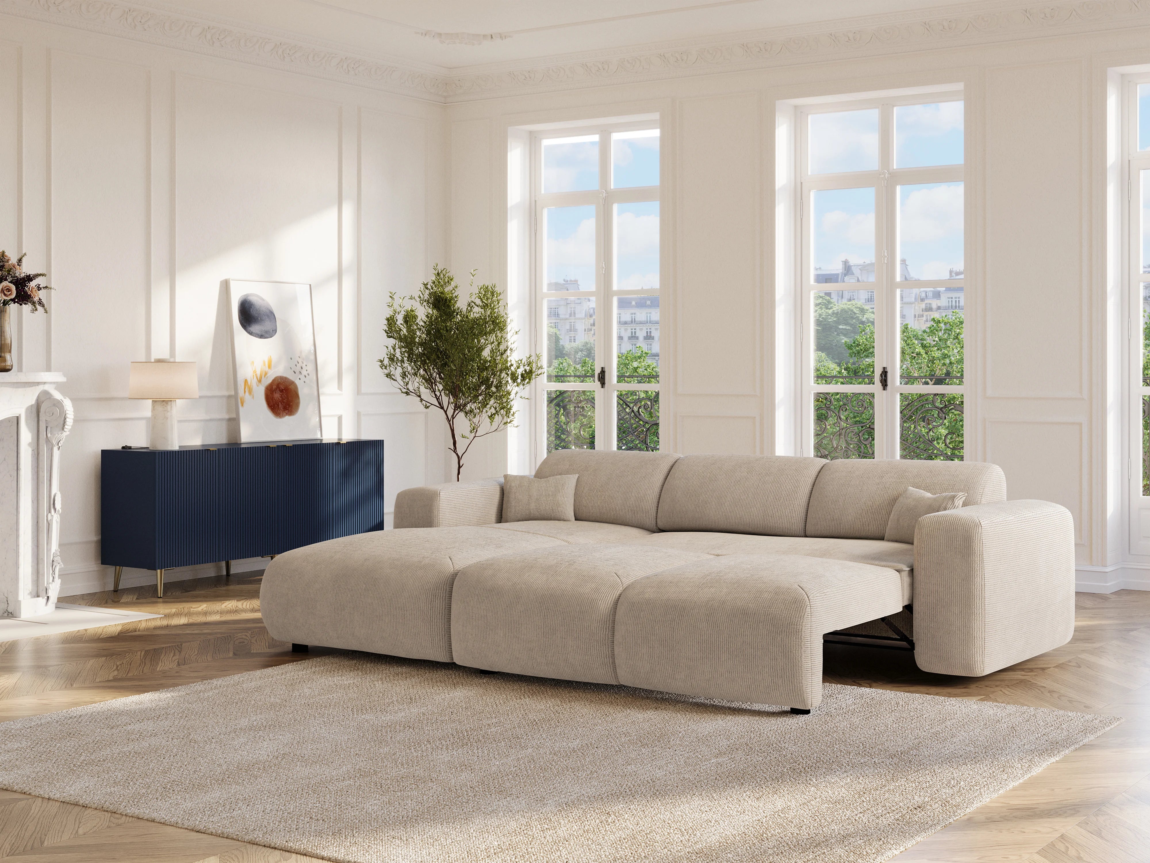 Canapé velours côtelé d'angle convertible beige - POGNI