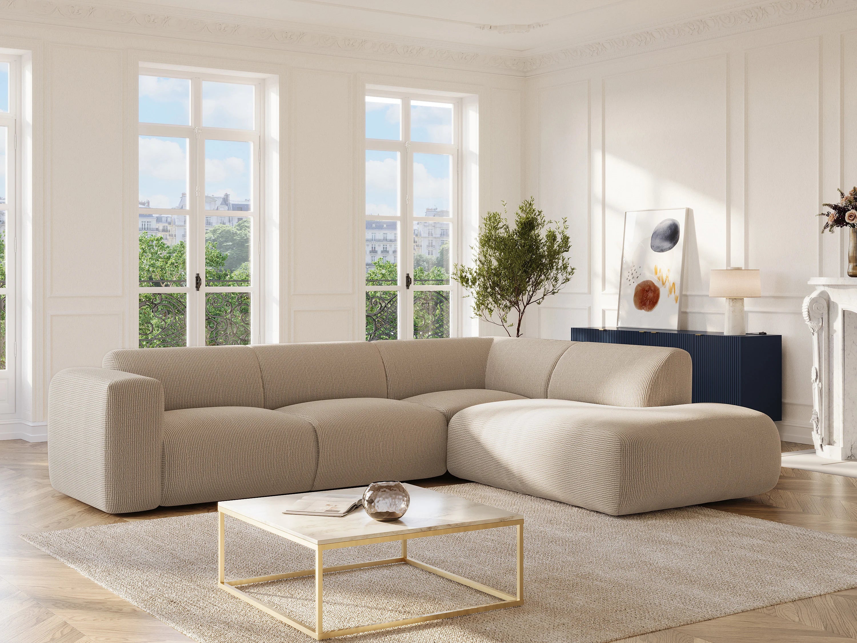 Canapé velours côtelé d'angle droit méridienne 6 places beige - POGNI