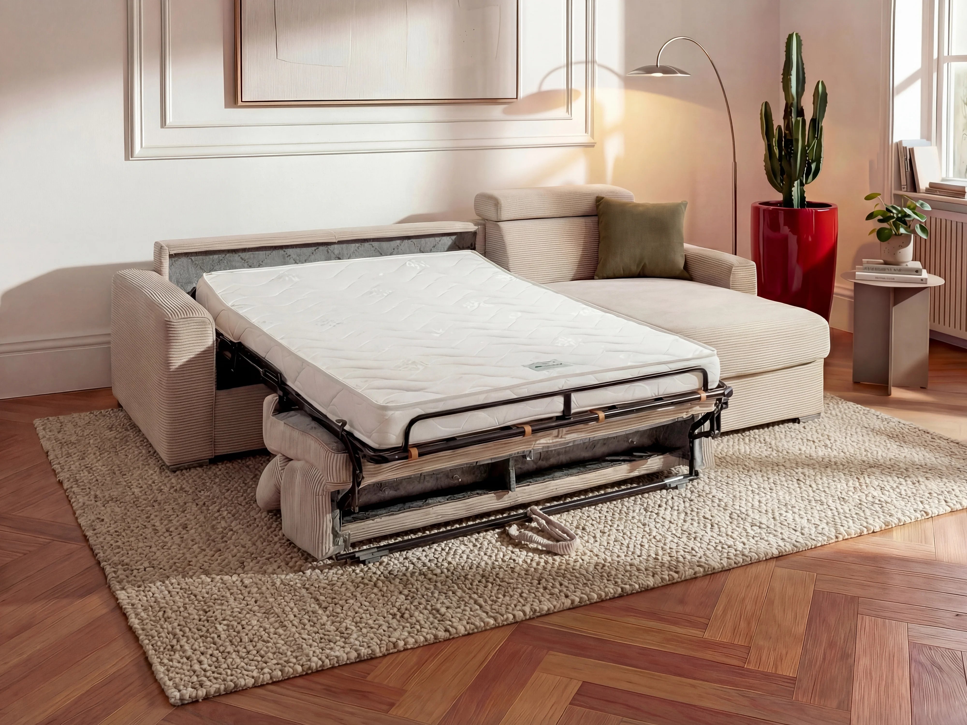 Canapé velours côtelé d'angle convertible express beige - VIZIR