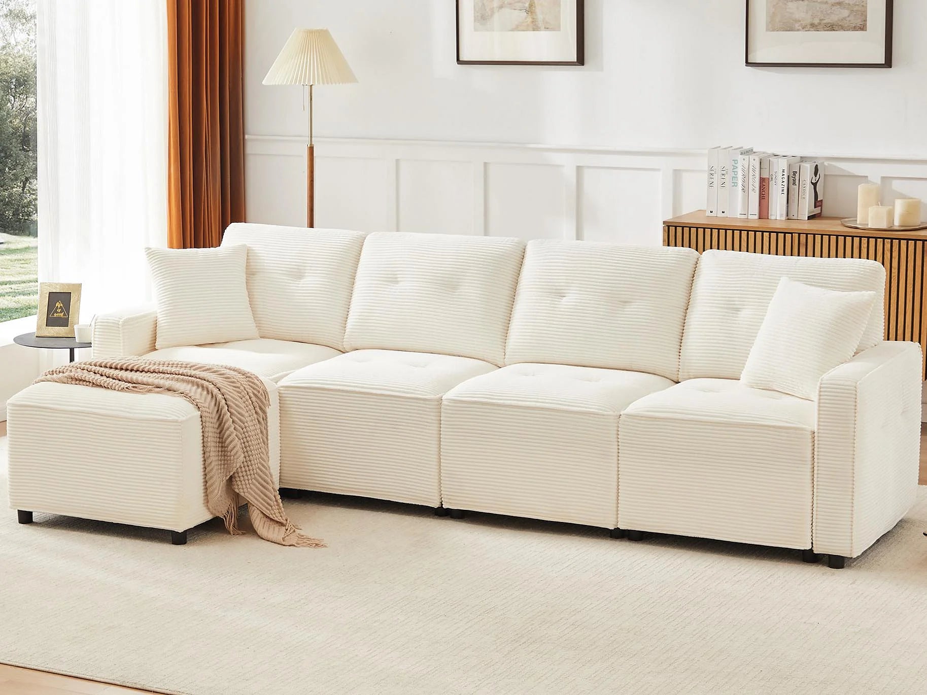 Canapé velours côtelé d'angle 4 places beige 280 cm