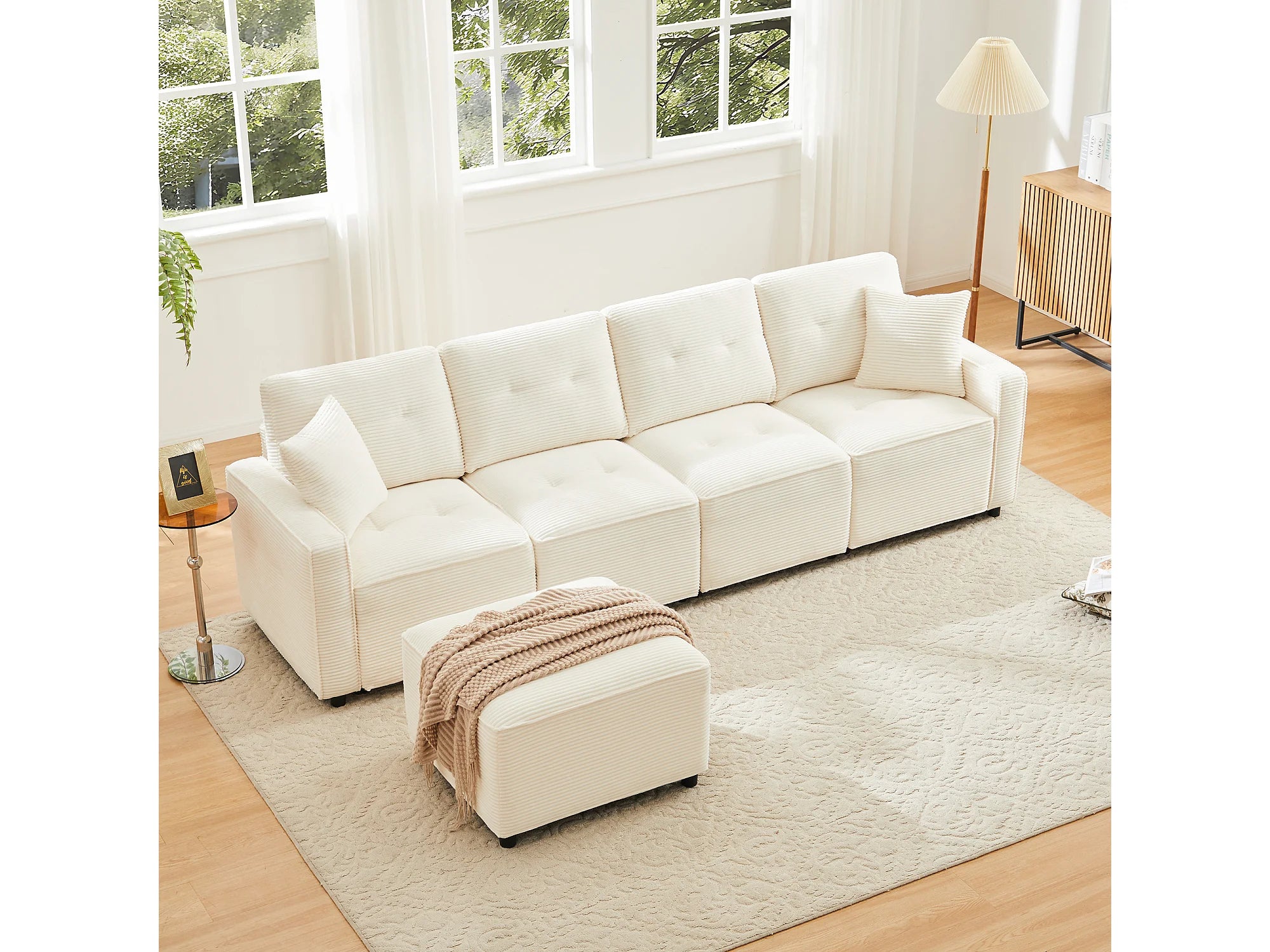 Canapé velours côtelé d'angle 4 places beige 280 cm