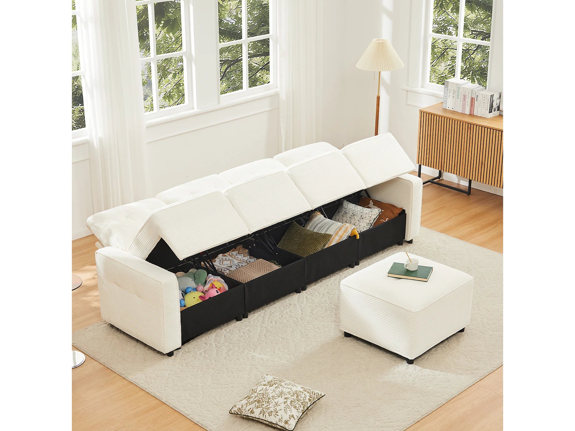 Canapé velours côtelé d'angle 4 places beige 280 cm