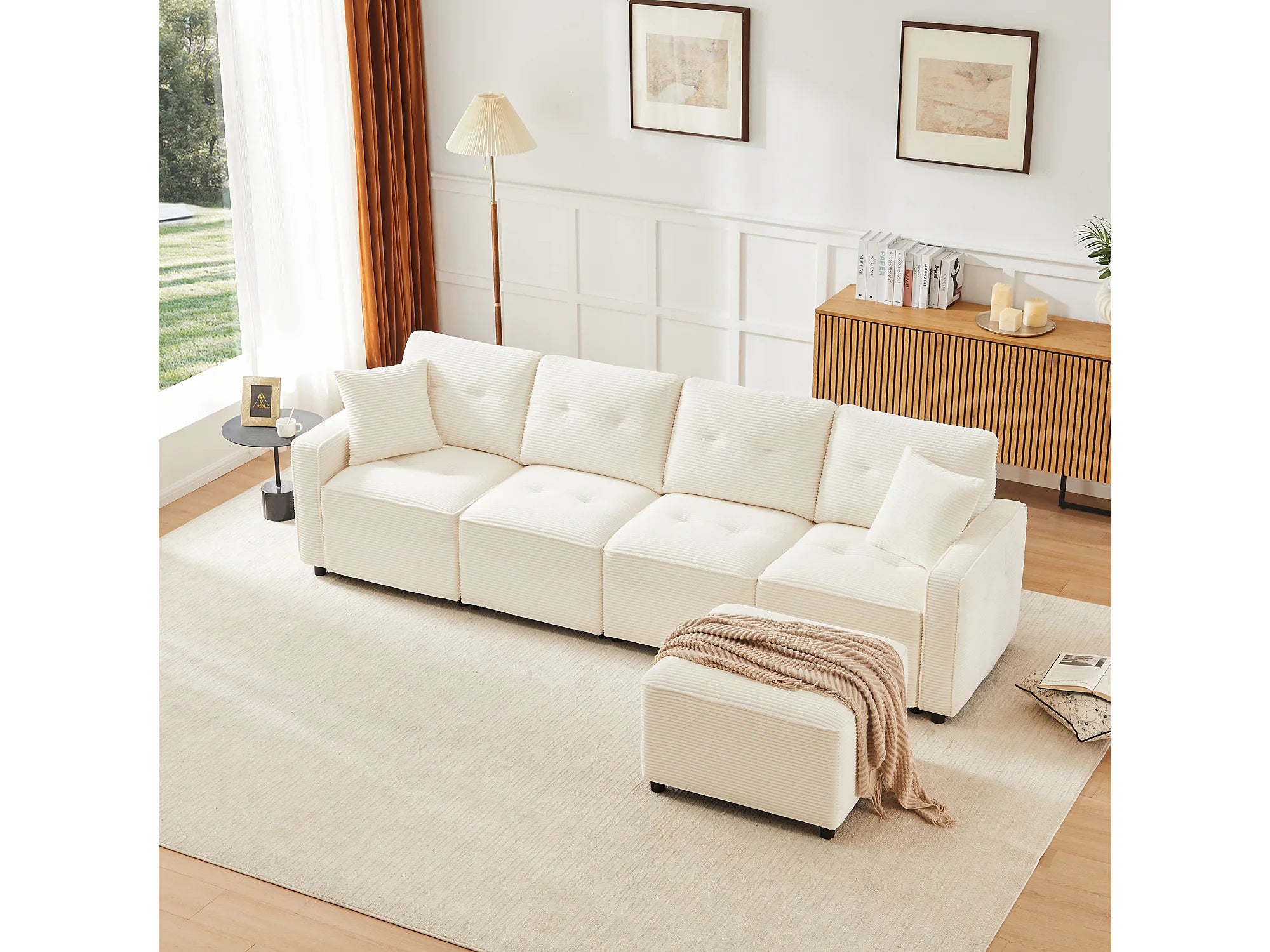 Canapé velours côtelé d'angle 4 places beige 280 cm