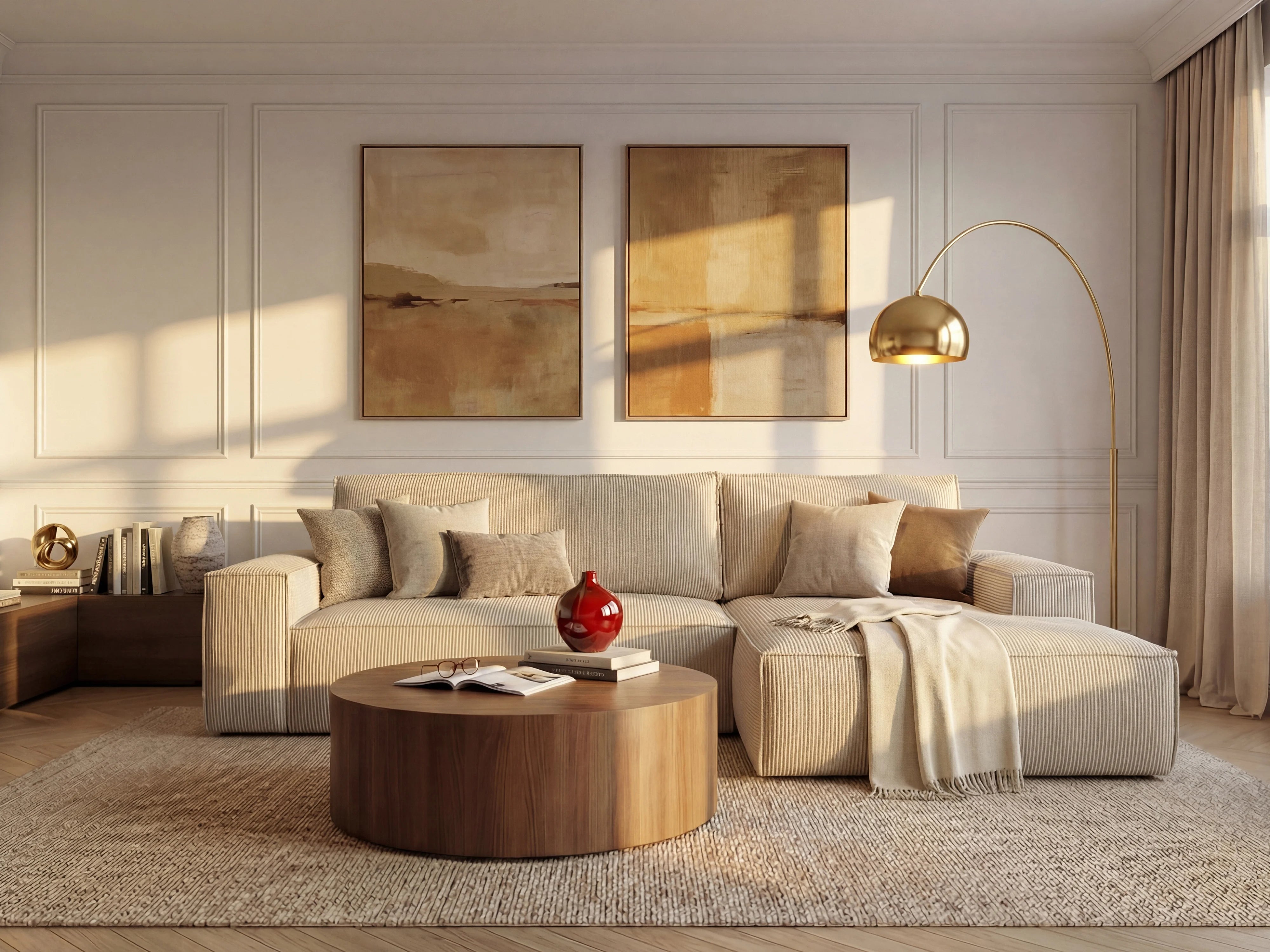 Canapé velours côtelé d'angle droit convertible beige - AMELIA