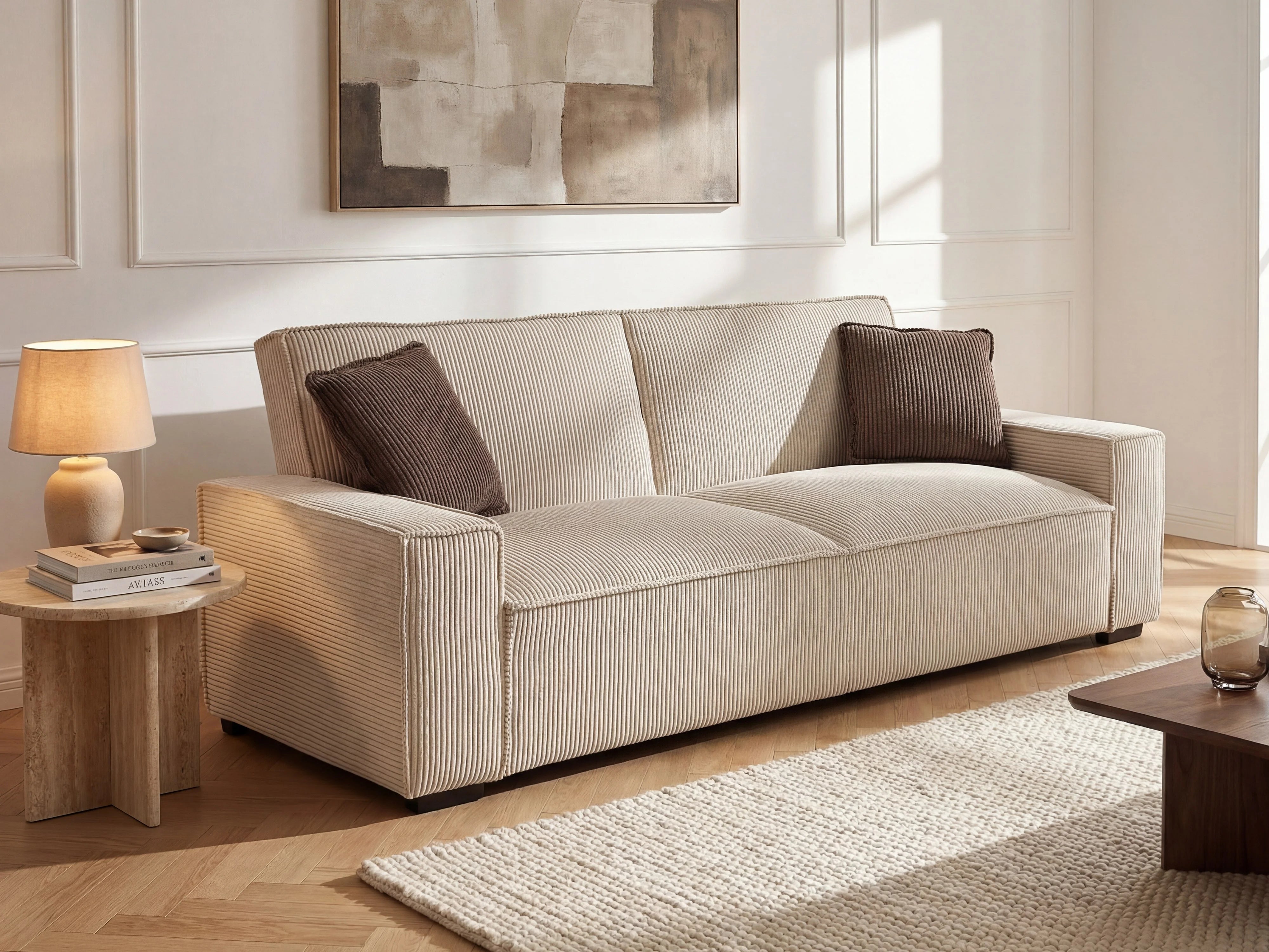 Canapé velours côtelé droit 3 places convertible beige - SEKOTA