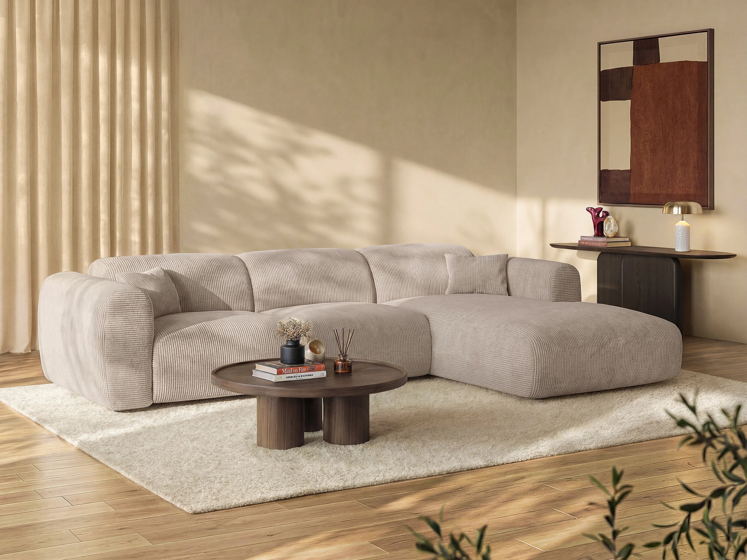 Canapé velours côtelé d'angle droit convertible express beige - POGNI
