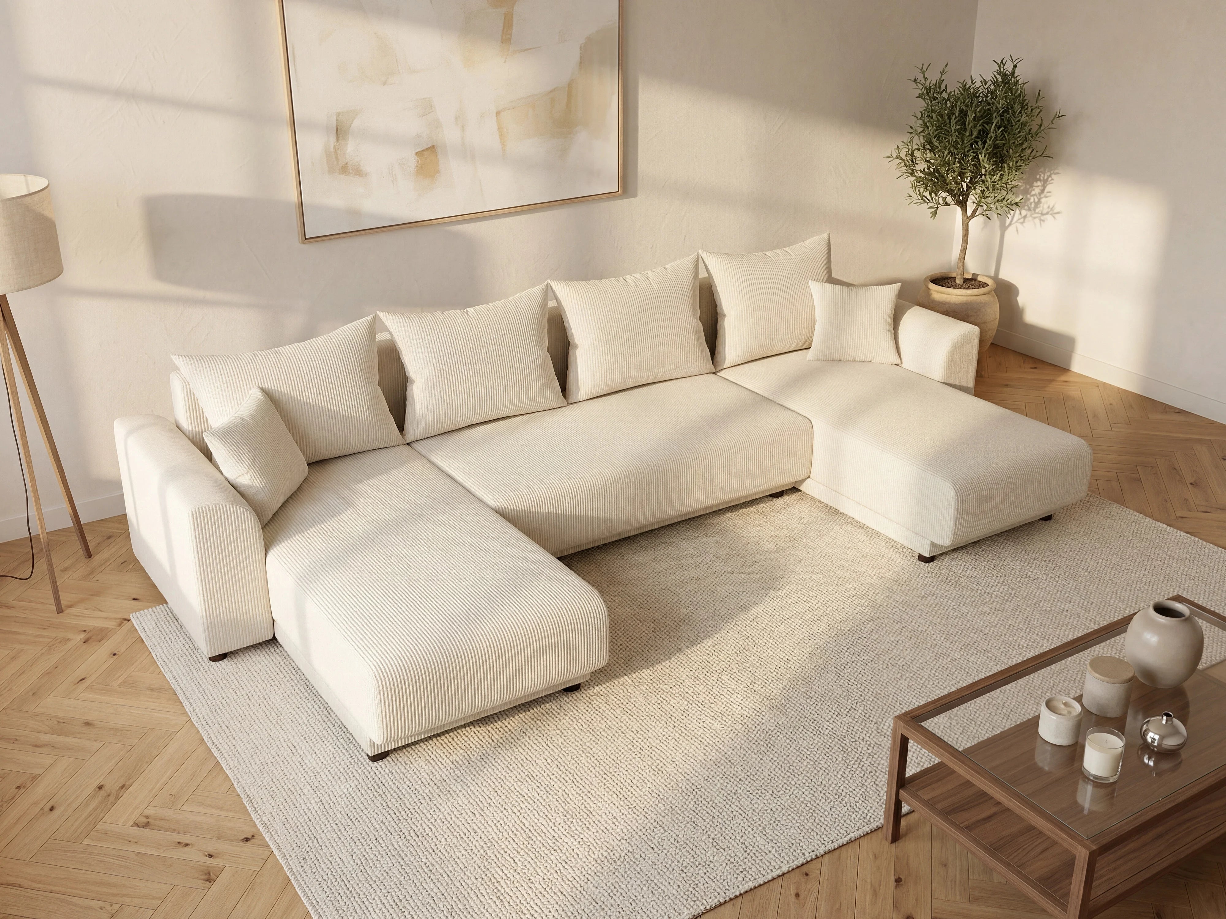 Canapé velours côtelé d'angle panoramique convertible beige - NESSARO