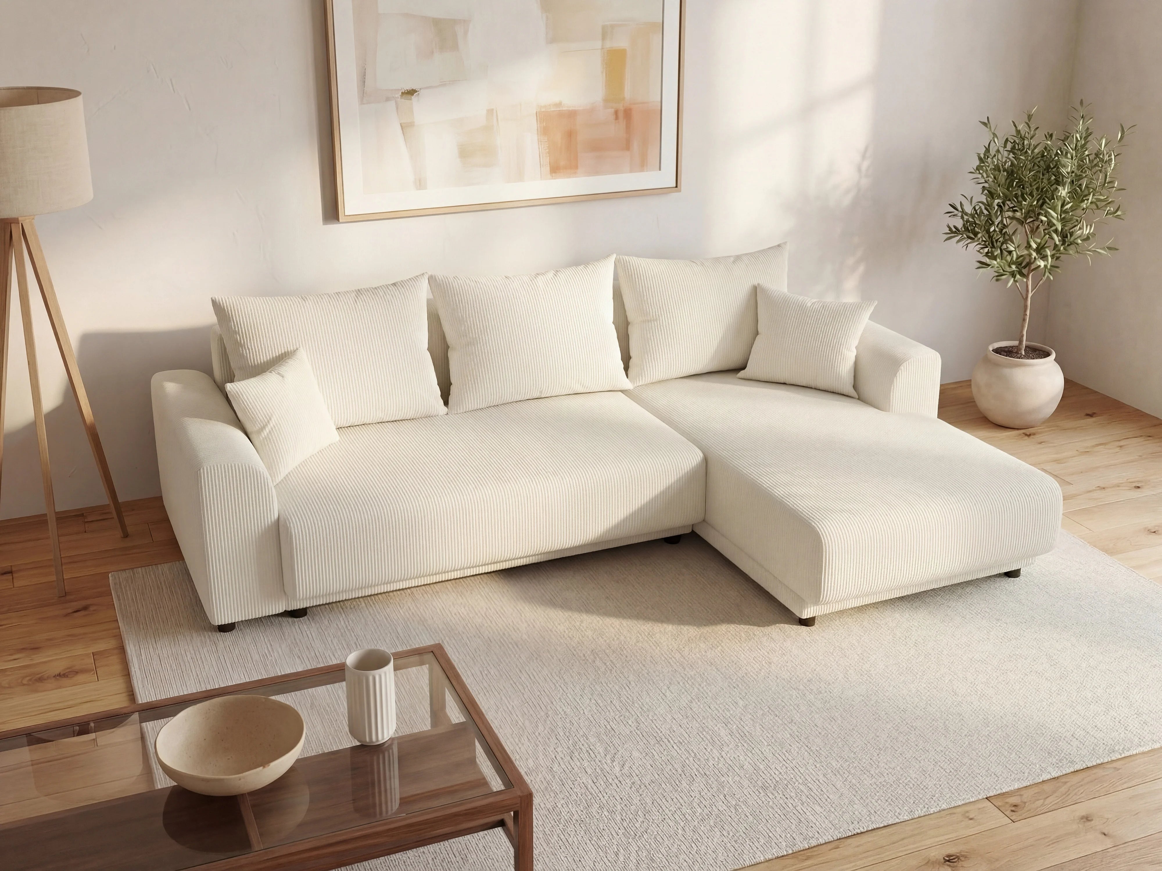 Canapé velours côtelé d'angle convertible réversible beige - NESSARO