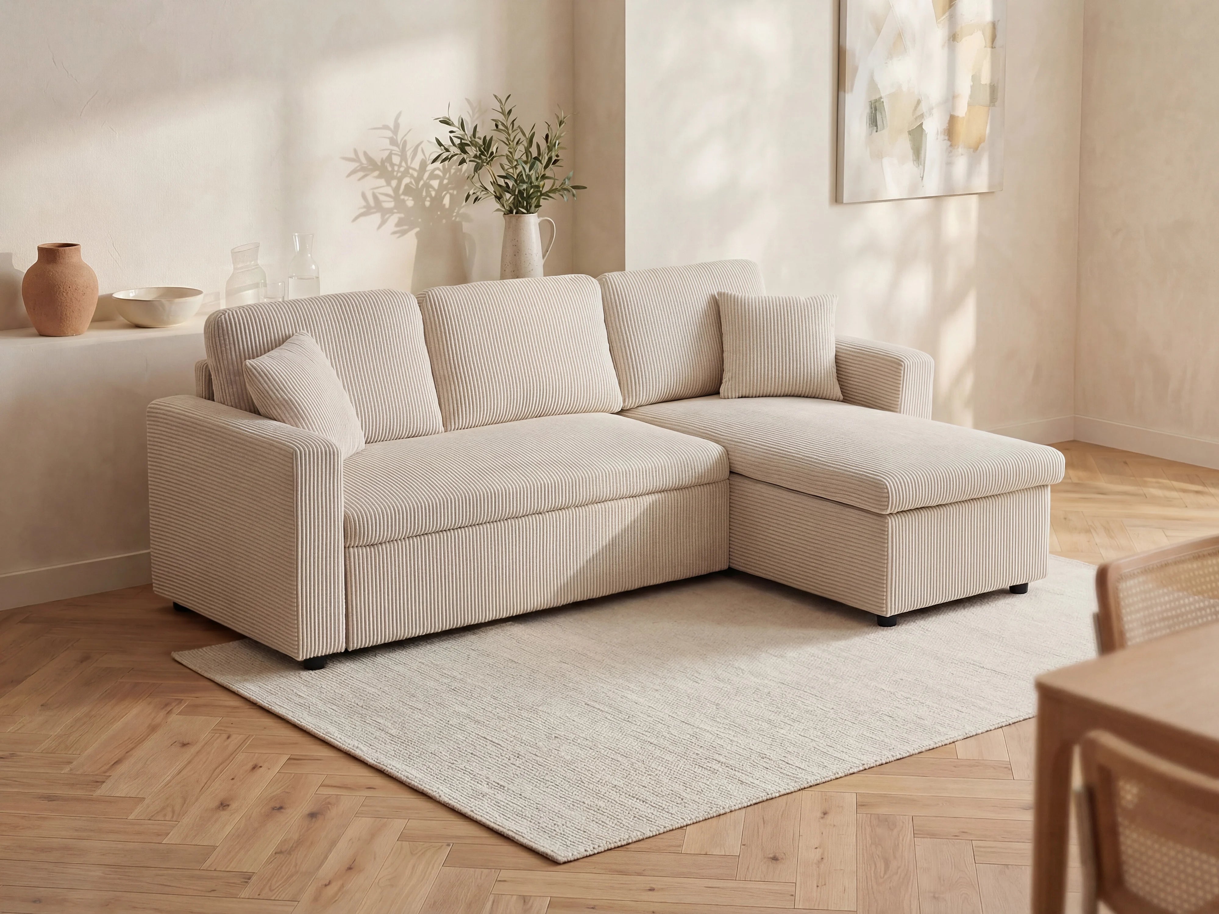 Canapé velours côtelé d'angle convertible réversible beige - GAZUR