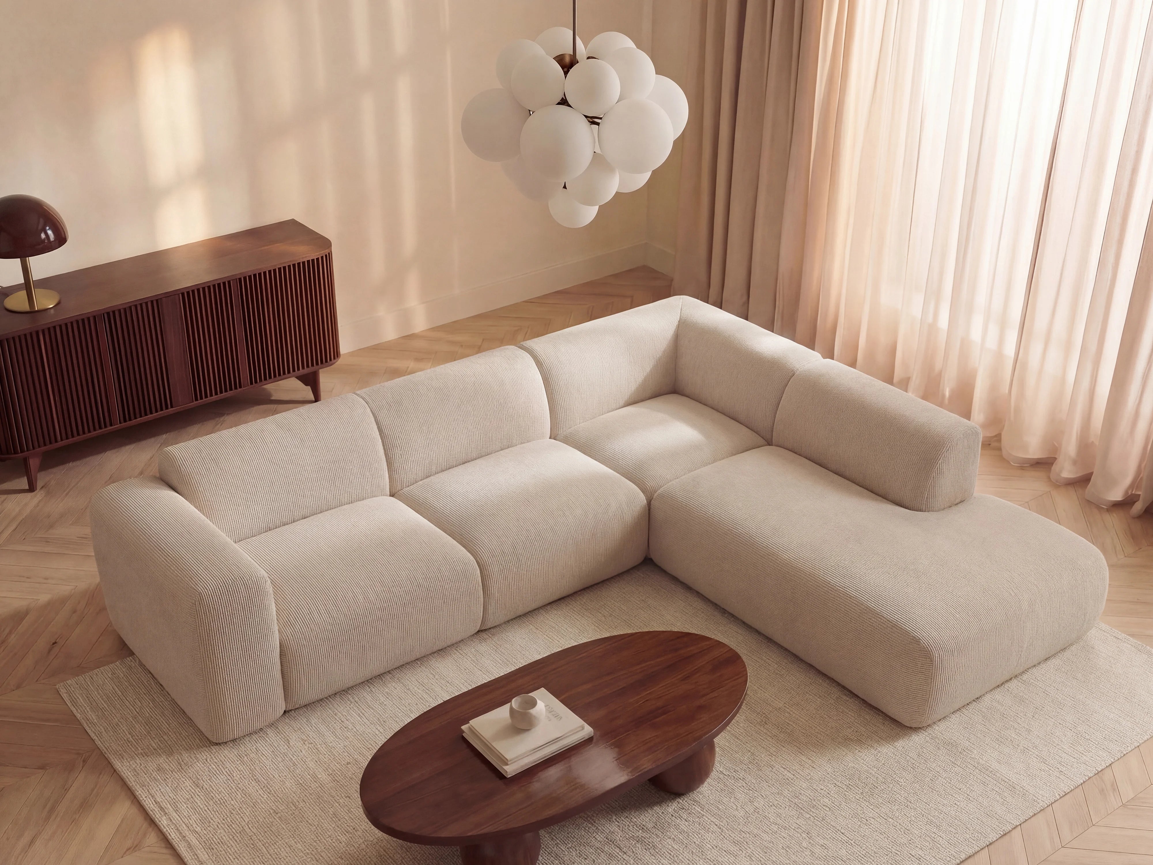 Canapé velours côtelé d'angle droit méridienne 6 places beige - POGNI