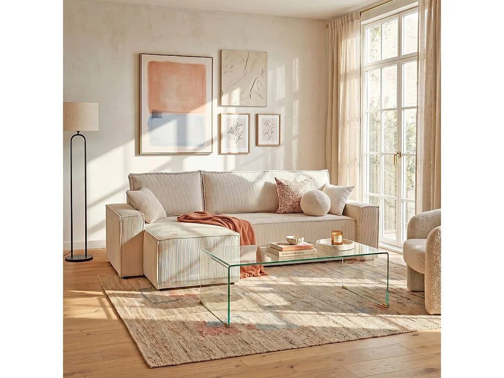 Canapé velours côtelé d'angle convertible réversible beige - ELISE
