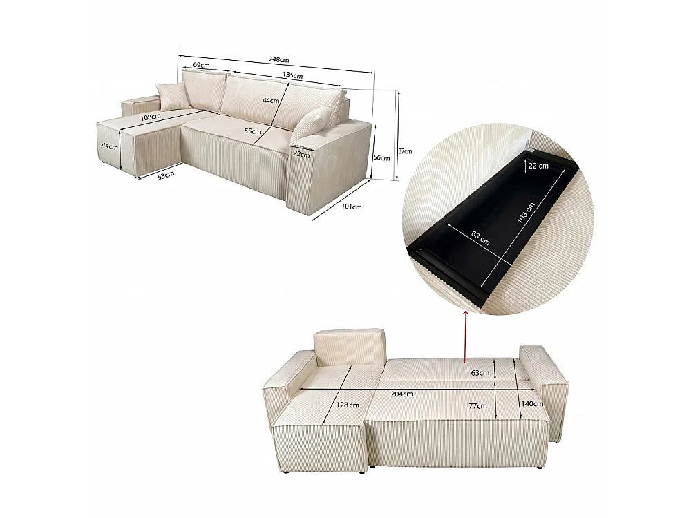 Canapé velours côtelé d'angle convertible réversible beige - ELISE