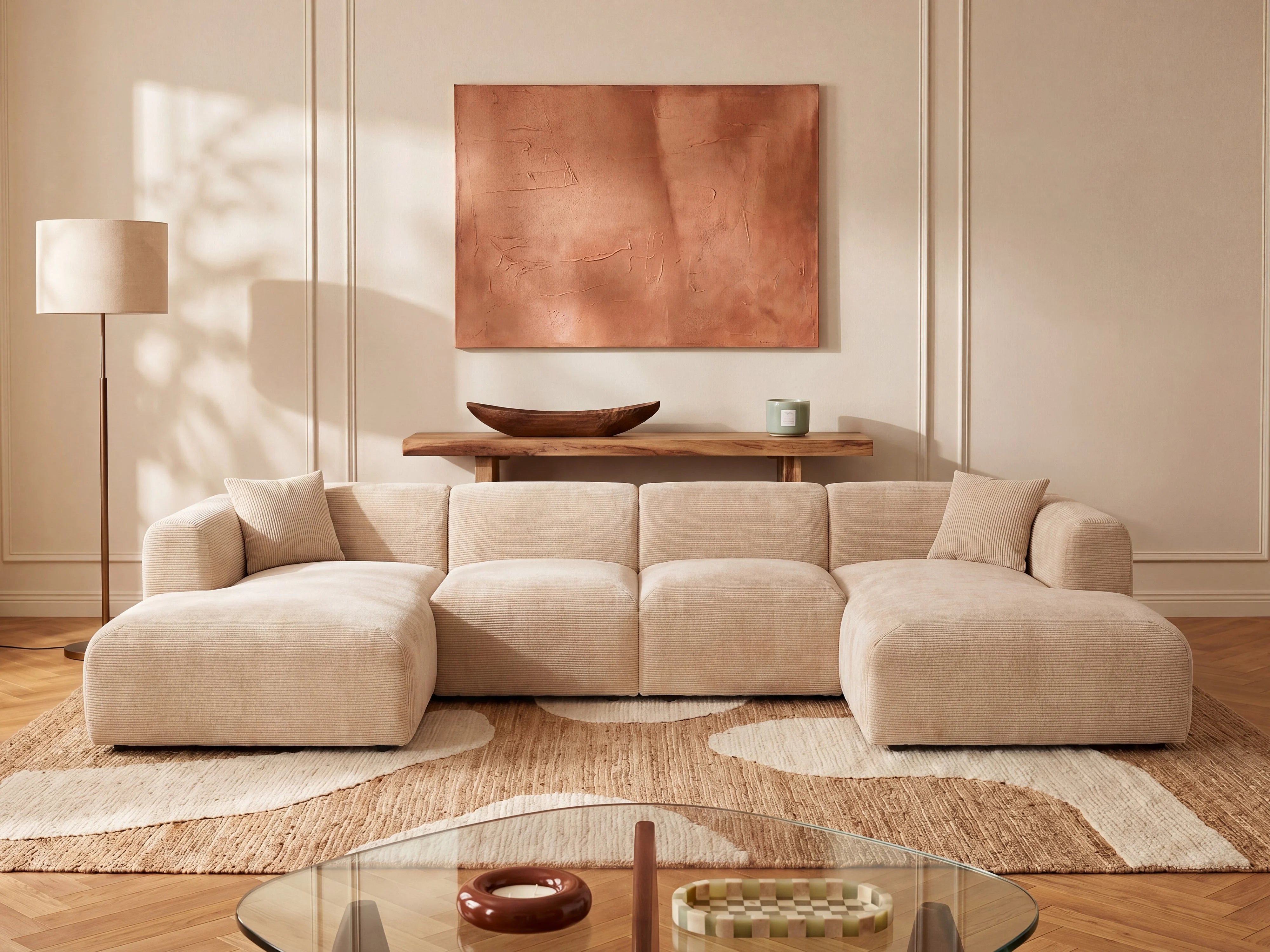 Canapé velours côtelé d'angle panoramique modulable beige - POGNI