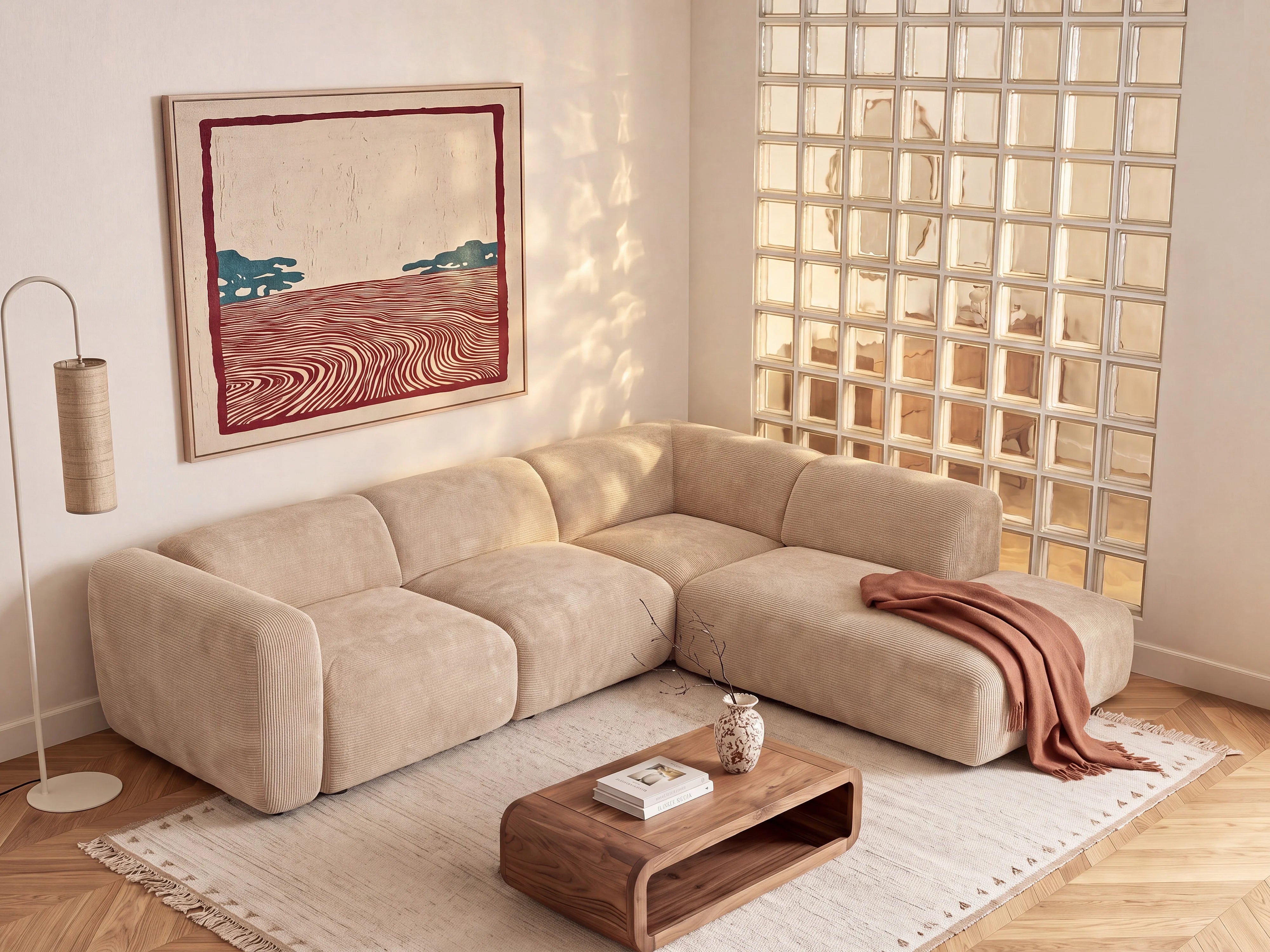 Canapé velours côtelé d'angle modulable 6 places beige - POGNI
