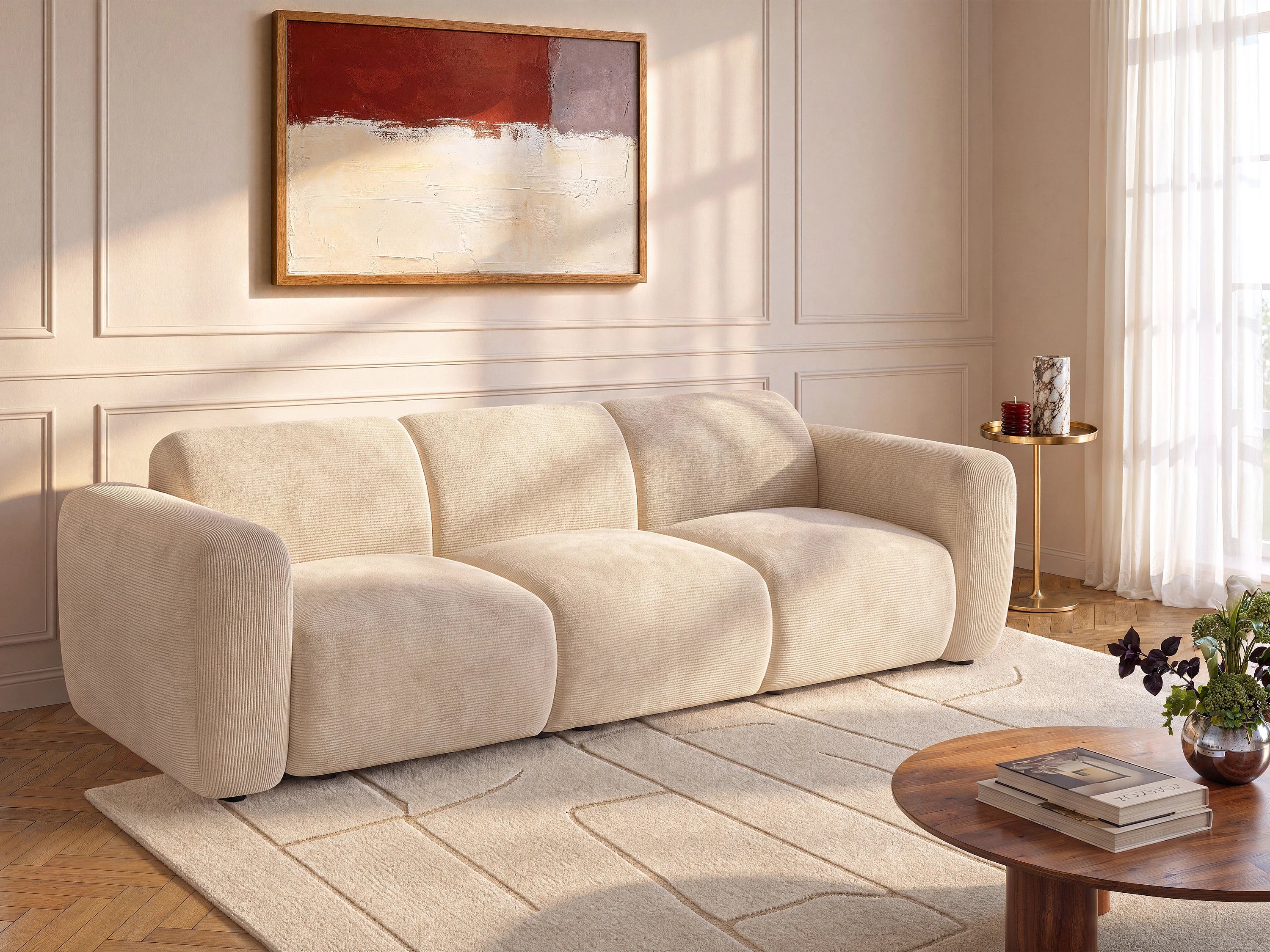 Canapé velours côtelé modulable 4 places beige - POGNI